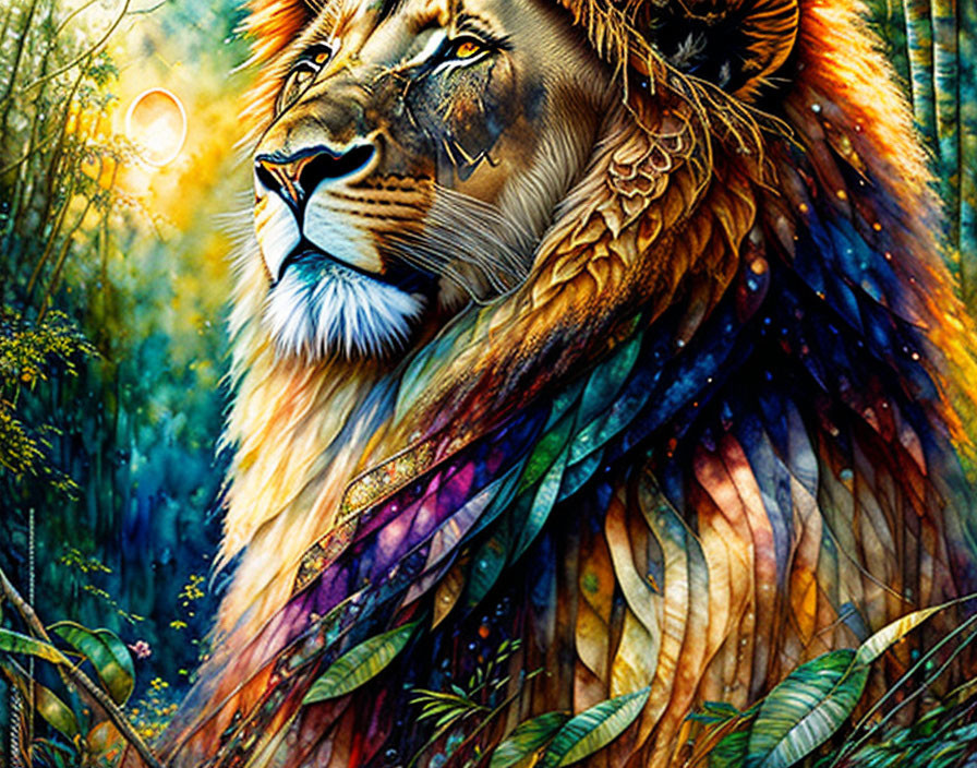 Colorful lion illustration in lush forest setting