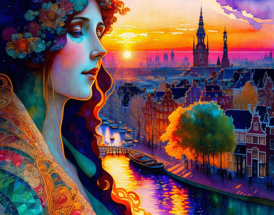 Colorful woman with flowers in cityscape at sunset