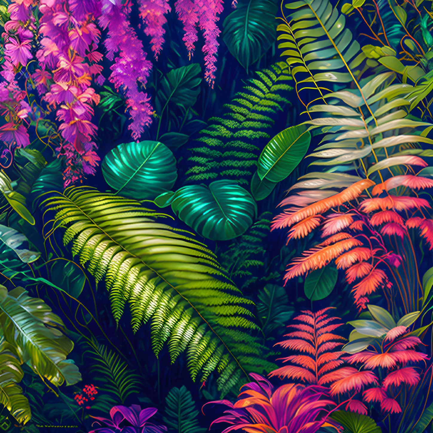 Lush Green Jungle Scene with Vibrant Pink and Purple Flowers