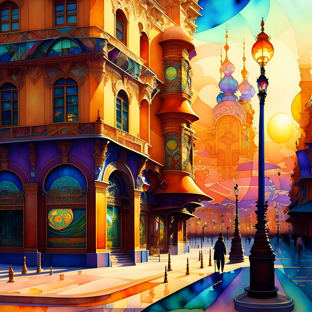 Colorful Cityscape with Ornate Buildings and People Silhouettes at Sunset