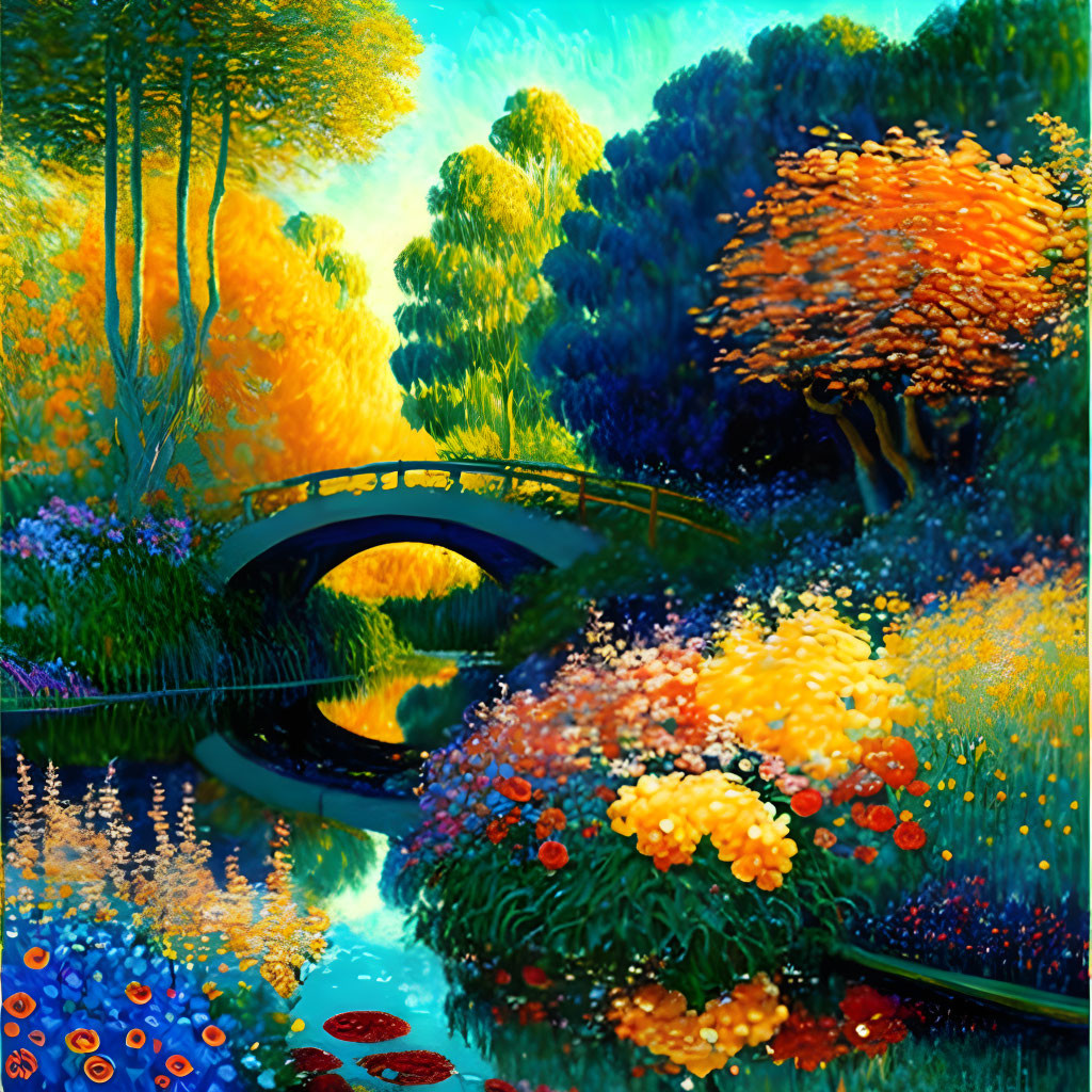 Colorful Landscape Painting of Lush Garden with Flowers and Bridge