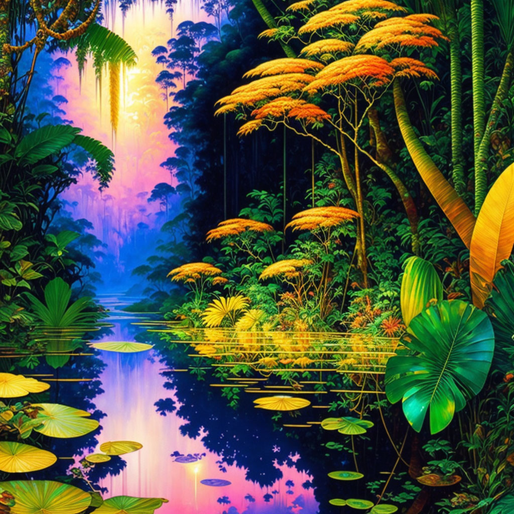 Lush Tropical Jungle with River and Sunlit Sky