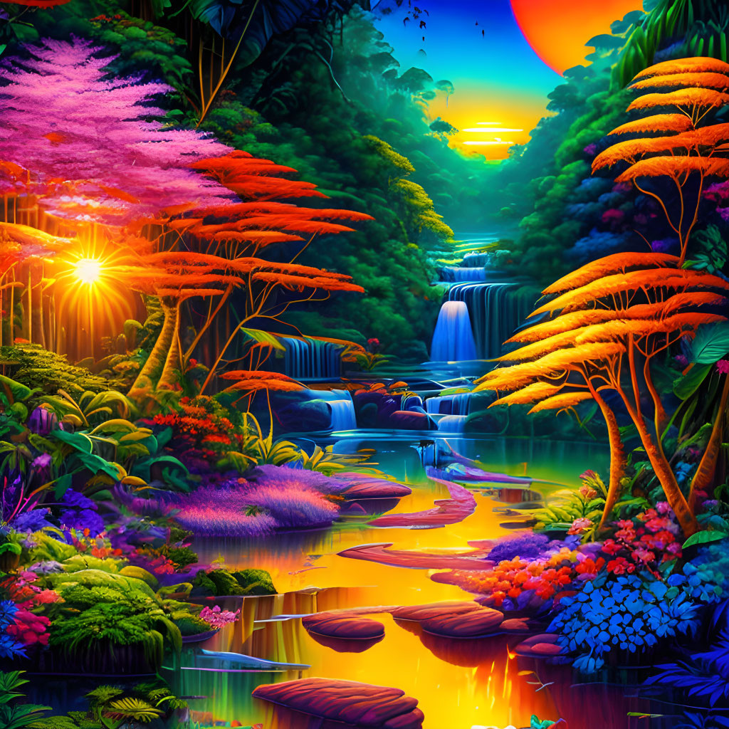 Colorful Fantasy Landscape with Waterfalls, River, and Sunset Sky