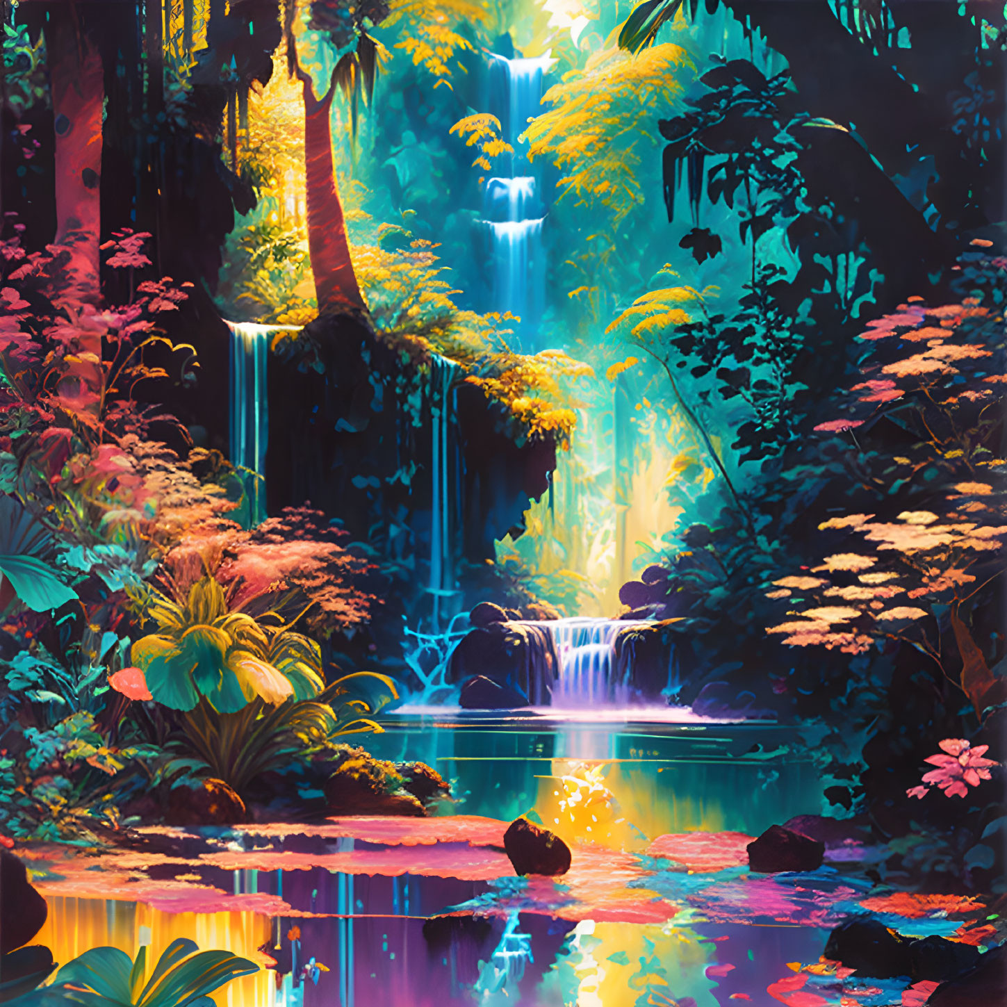 Colorful Jungle Illustration with Waterfalls and Reflective Pool