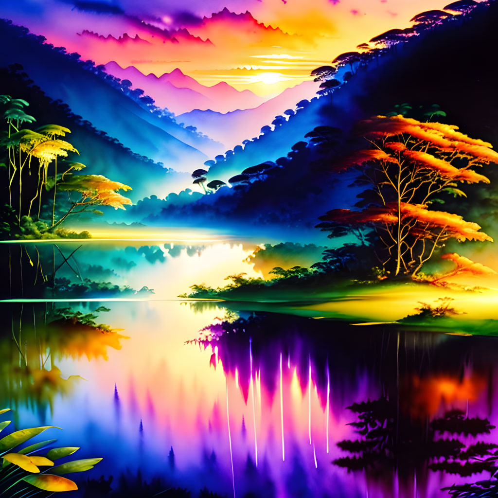 Colorful digital illustration: Lakeside landscape at sunset with mountains and foliage