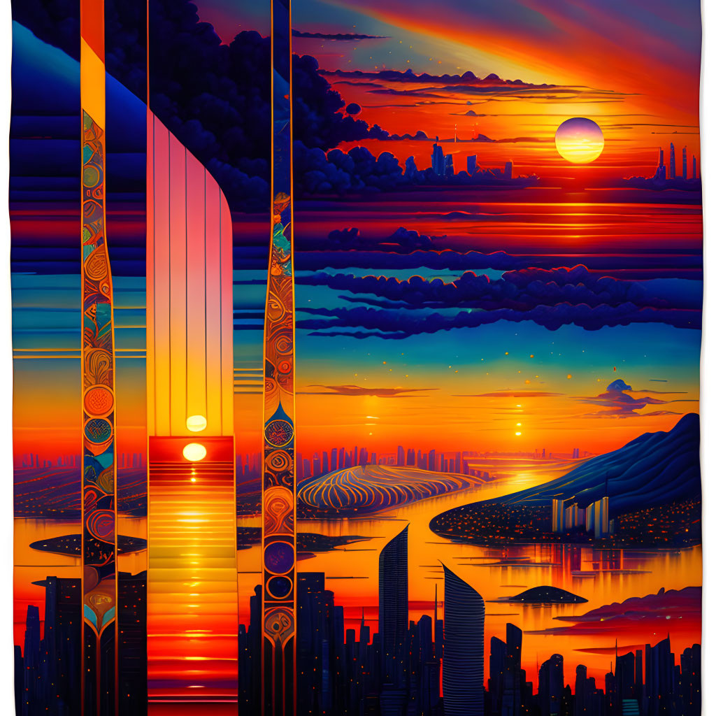 Digital artwork: Stylized sunset over futuristic cityscape