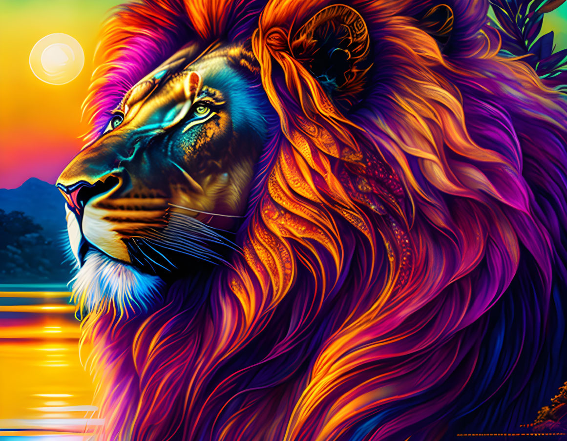 Colorful lion digital art with fiery mane in psychedelic sunset landscape