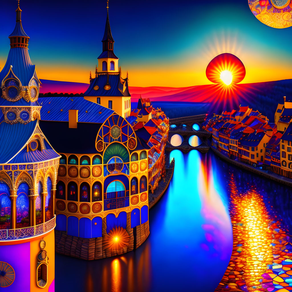 Surreal cityscape at sunset with stylized buildings, reflective river, and radiant sun