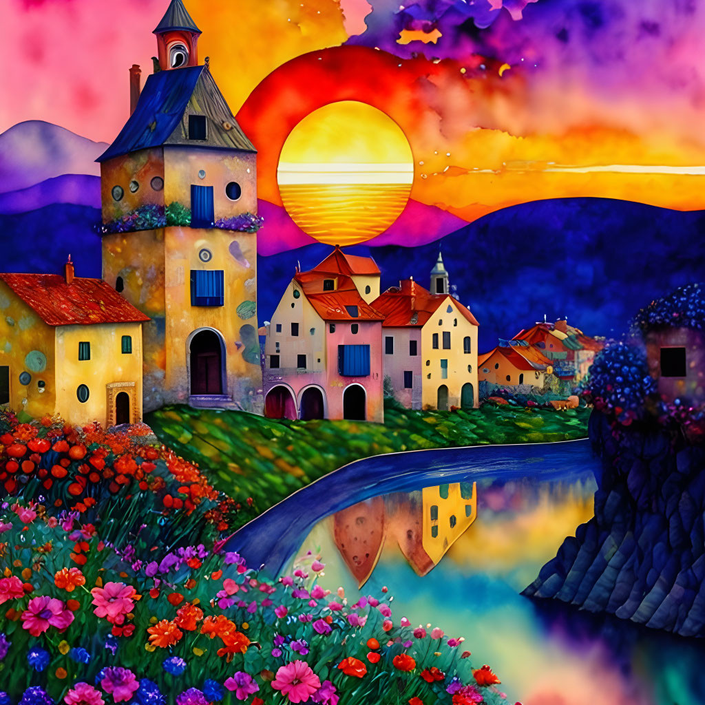 Colorful illustration: Quaint village by river at sunset