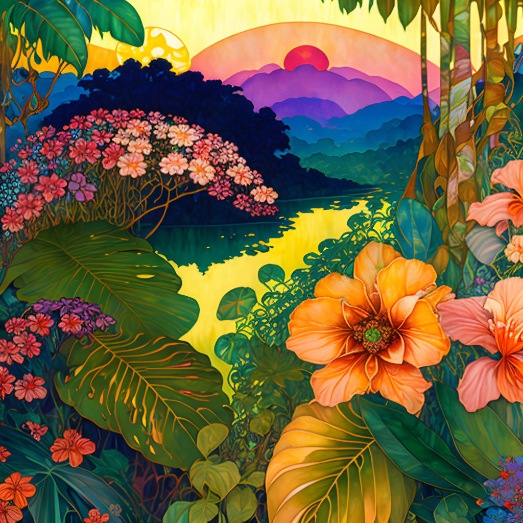 Sunset landscape with large flowers, sunlit lake, and lush hills