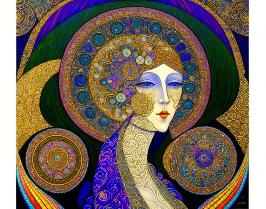 Vibrant illustration of stylized woman in blue, gold, and green hues