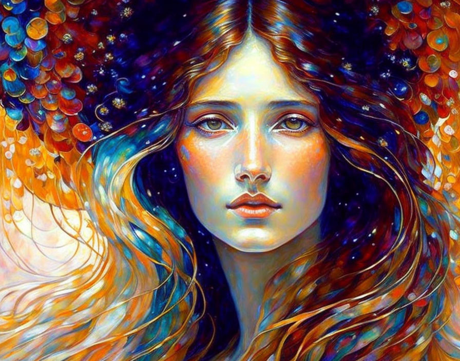 Colorful portrait of woman with flowing orange and blue hair and cosmic theme