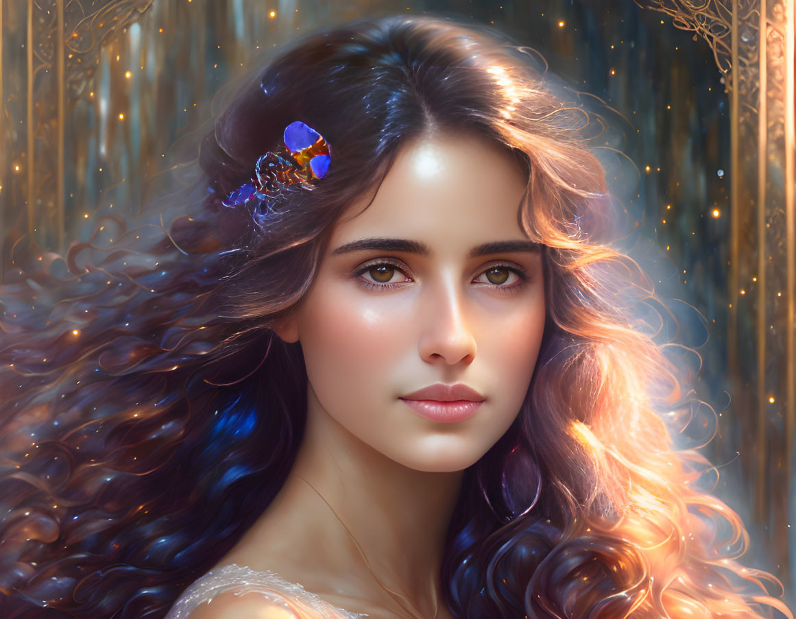 Digital portrait of woman with wavy hair and butterfly hairpiece in golden light.