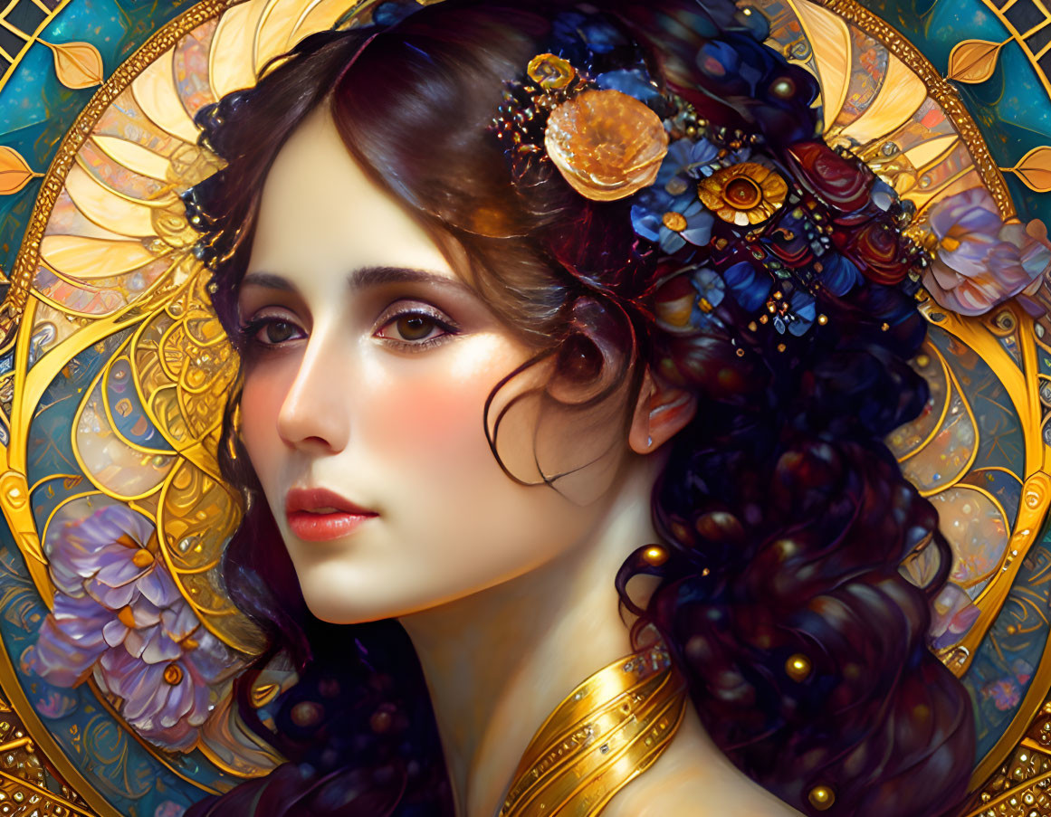 Detailed artwork: Woman with floral adornments, dark curly hair, and golden halo-like background.