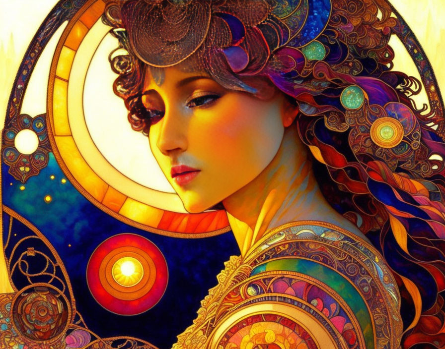 Colorful artwork of woman with intricate headgear against cosmic background