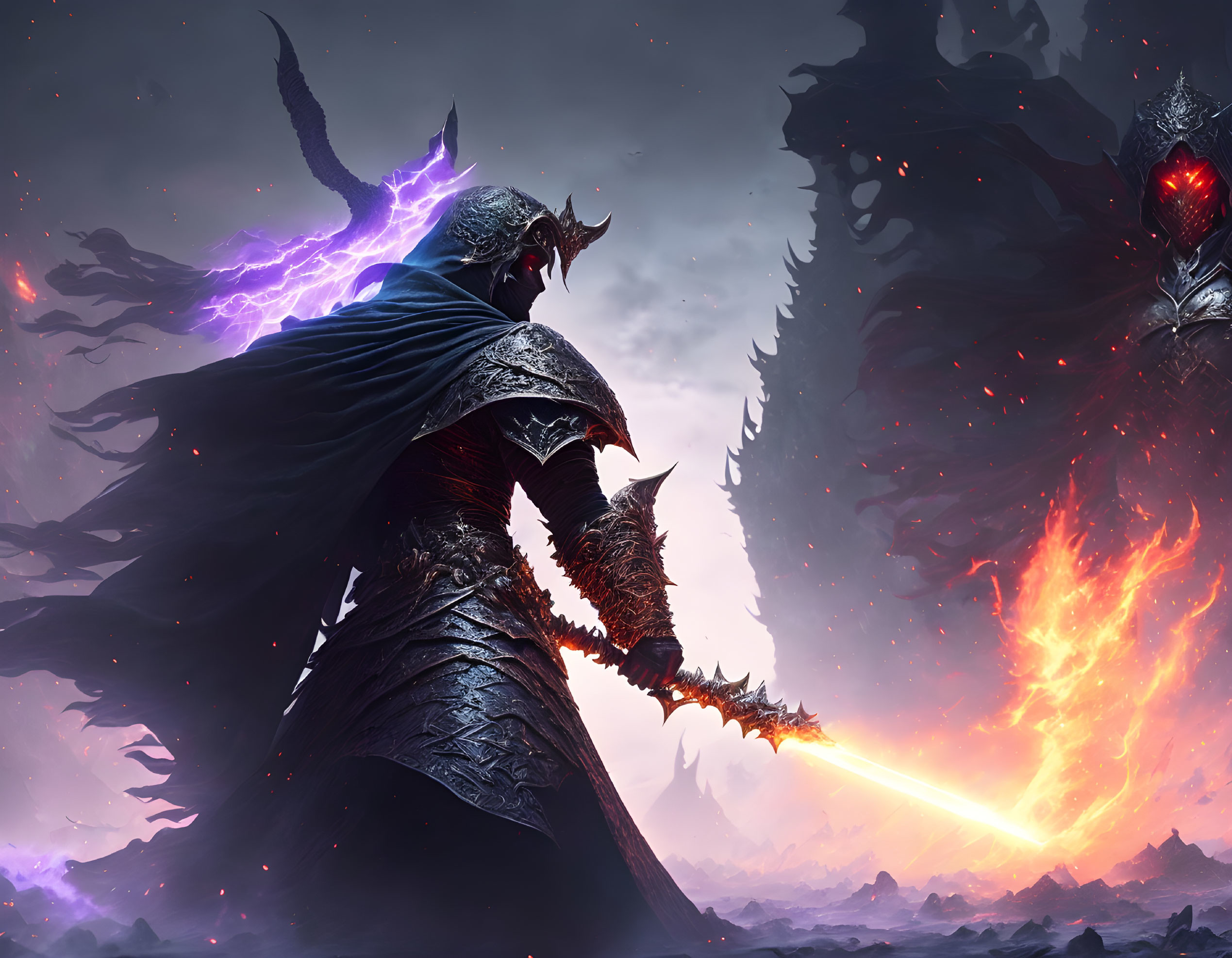 Armored knight with glowing sword in fiery landscape and dark figure under stormy sky