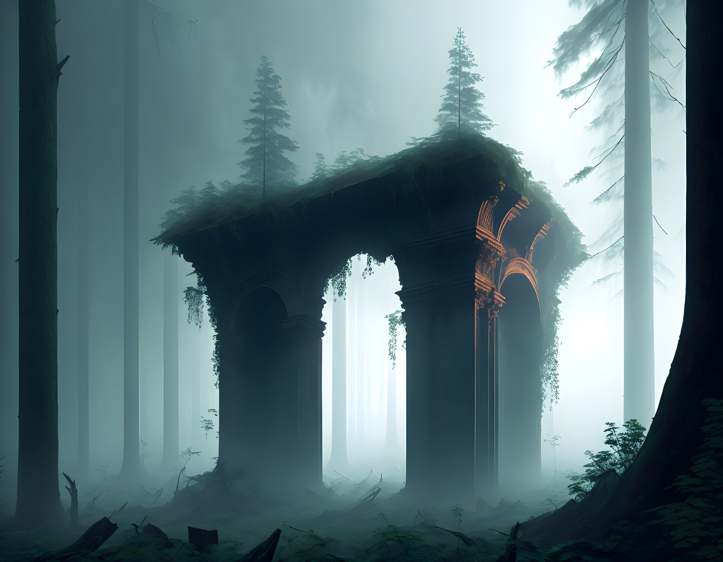 Mystical forest scene with fog and ancient archway