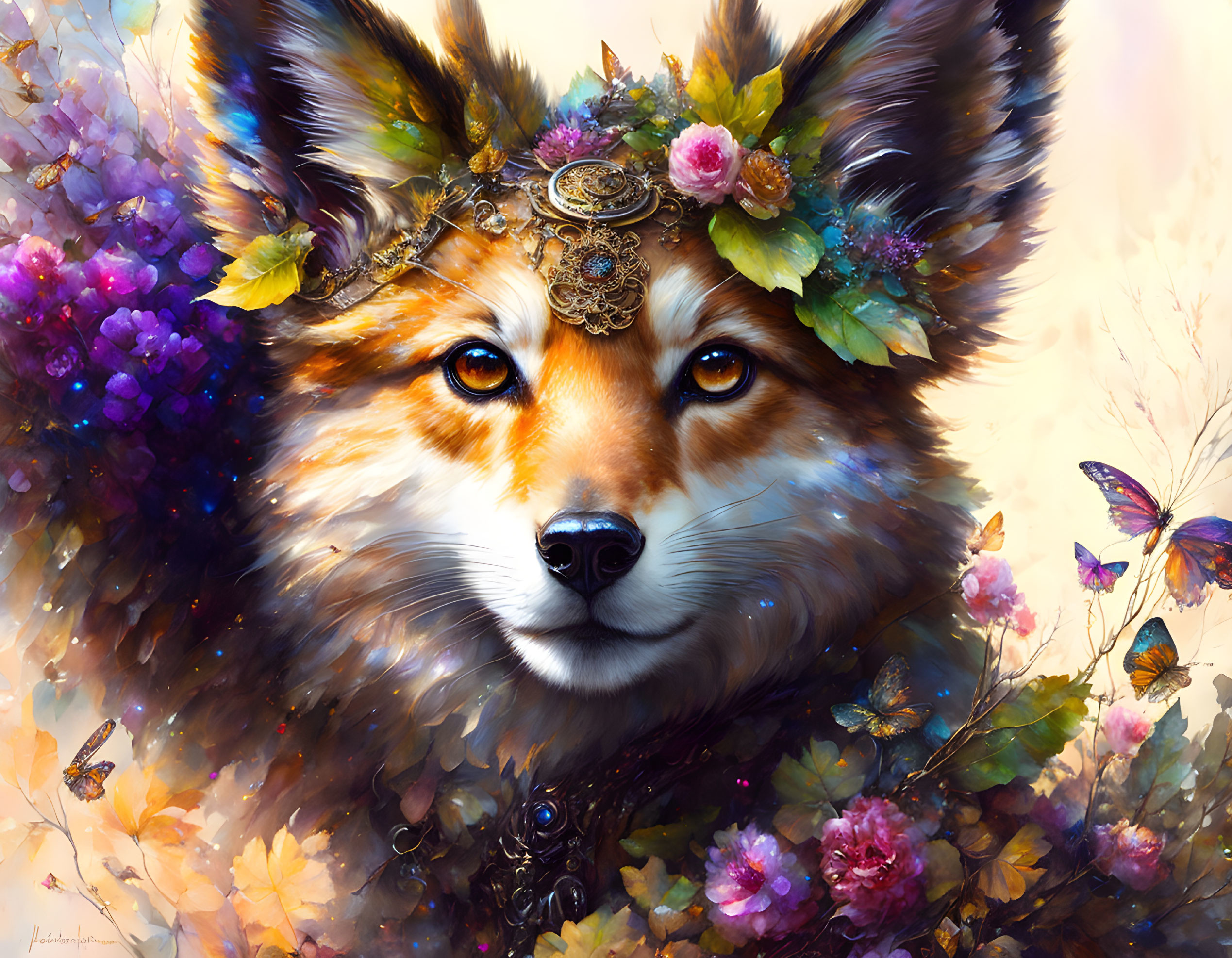 Colorful Fox Face Illustration with Floral Crown and Butterflies