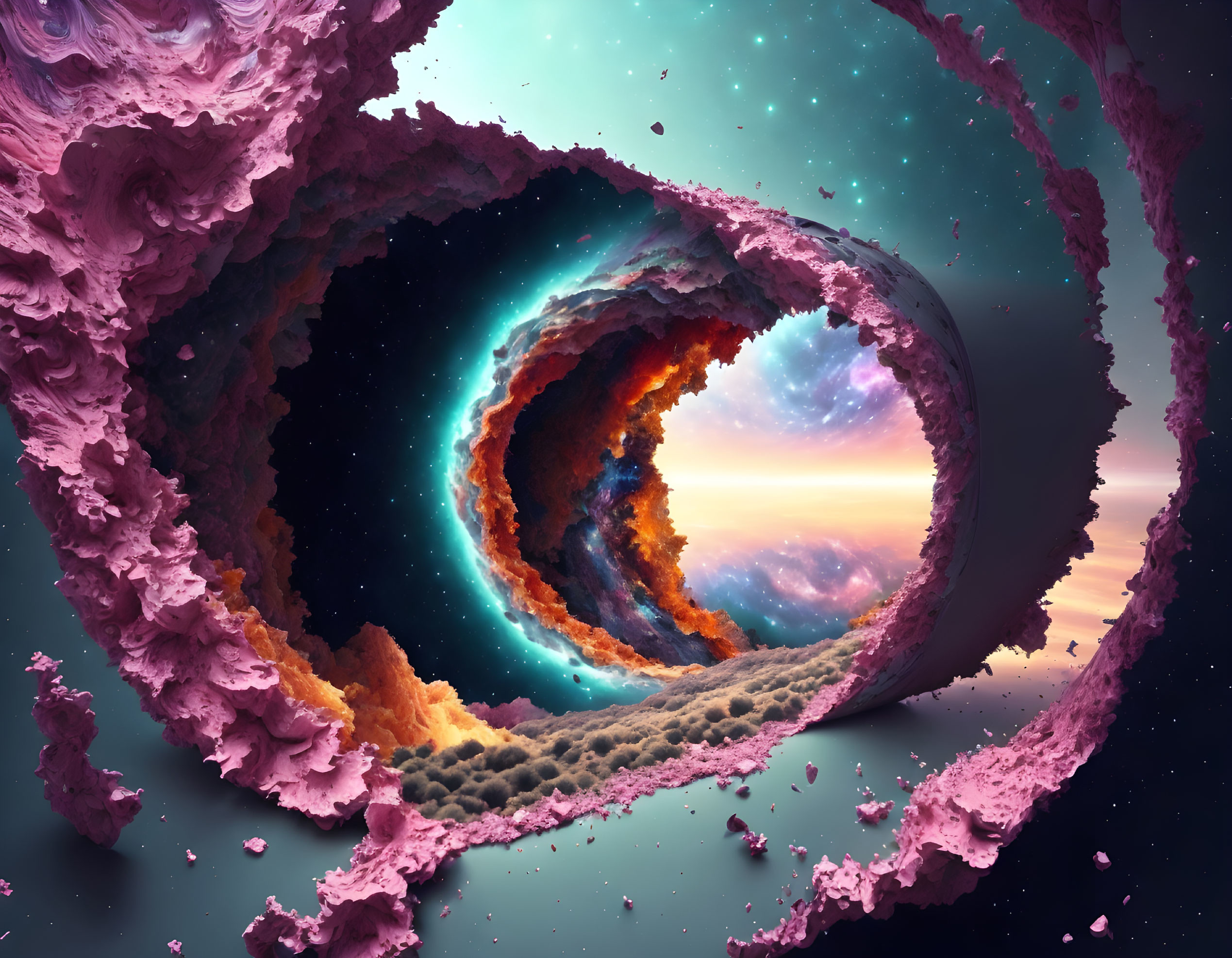 Vibrant surreal spiral galaxy with cosmic portal view