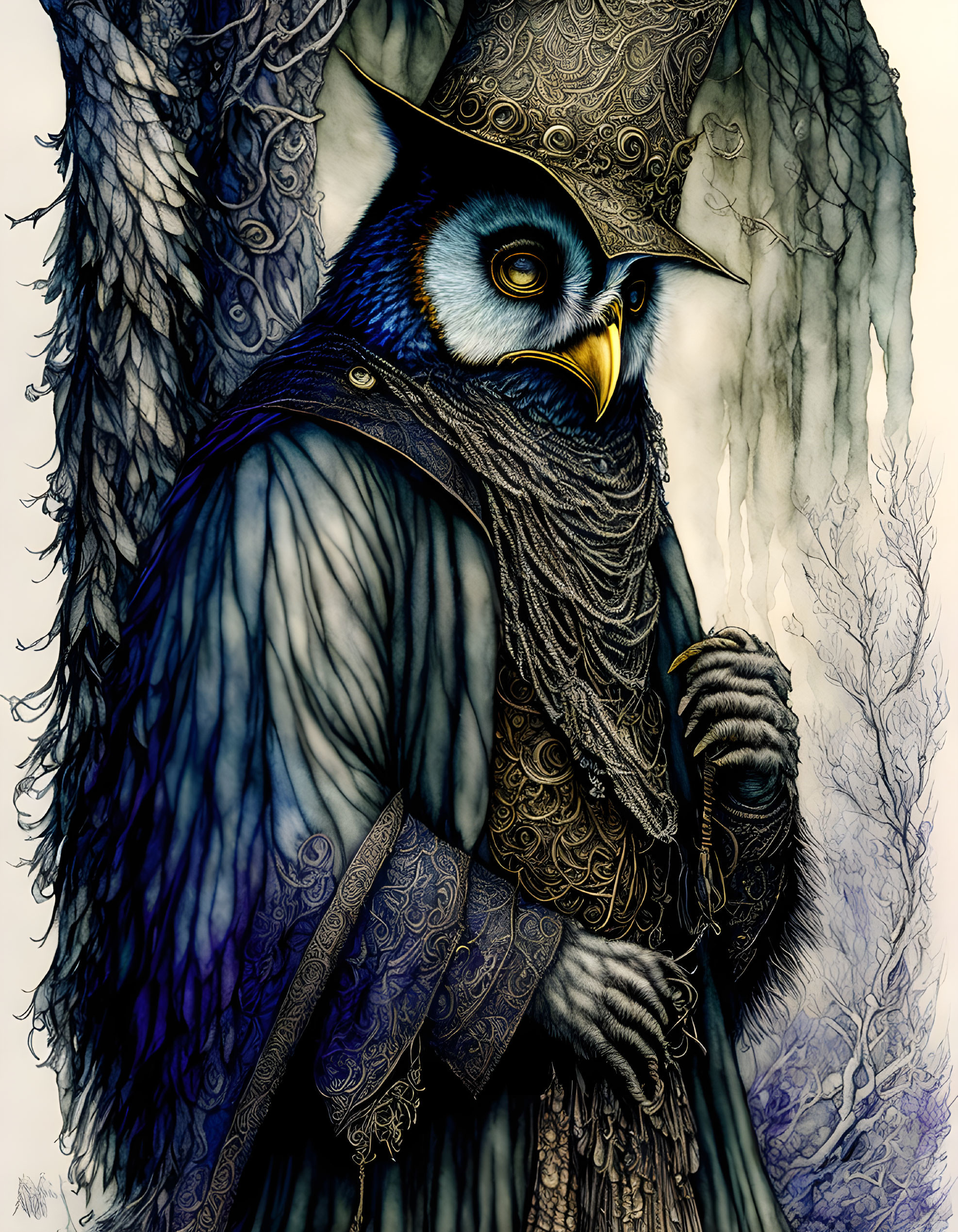 Anthropomorphic owl in period costume in mystical forest