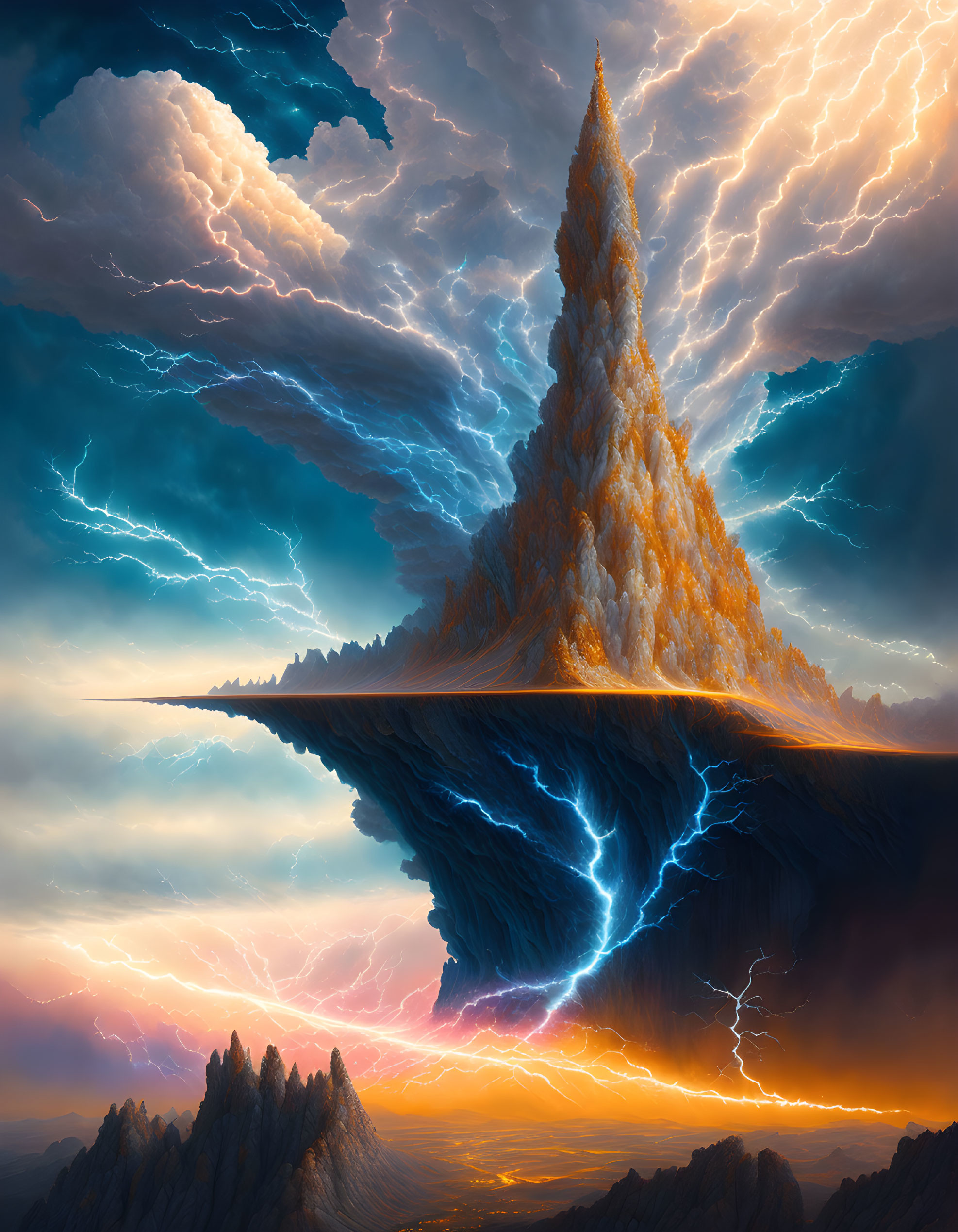 Fantastical floating mountain with fiery peak in dramatic sunset landscape