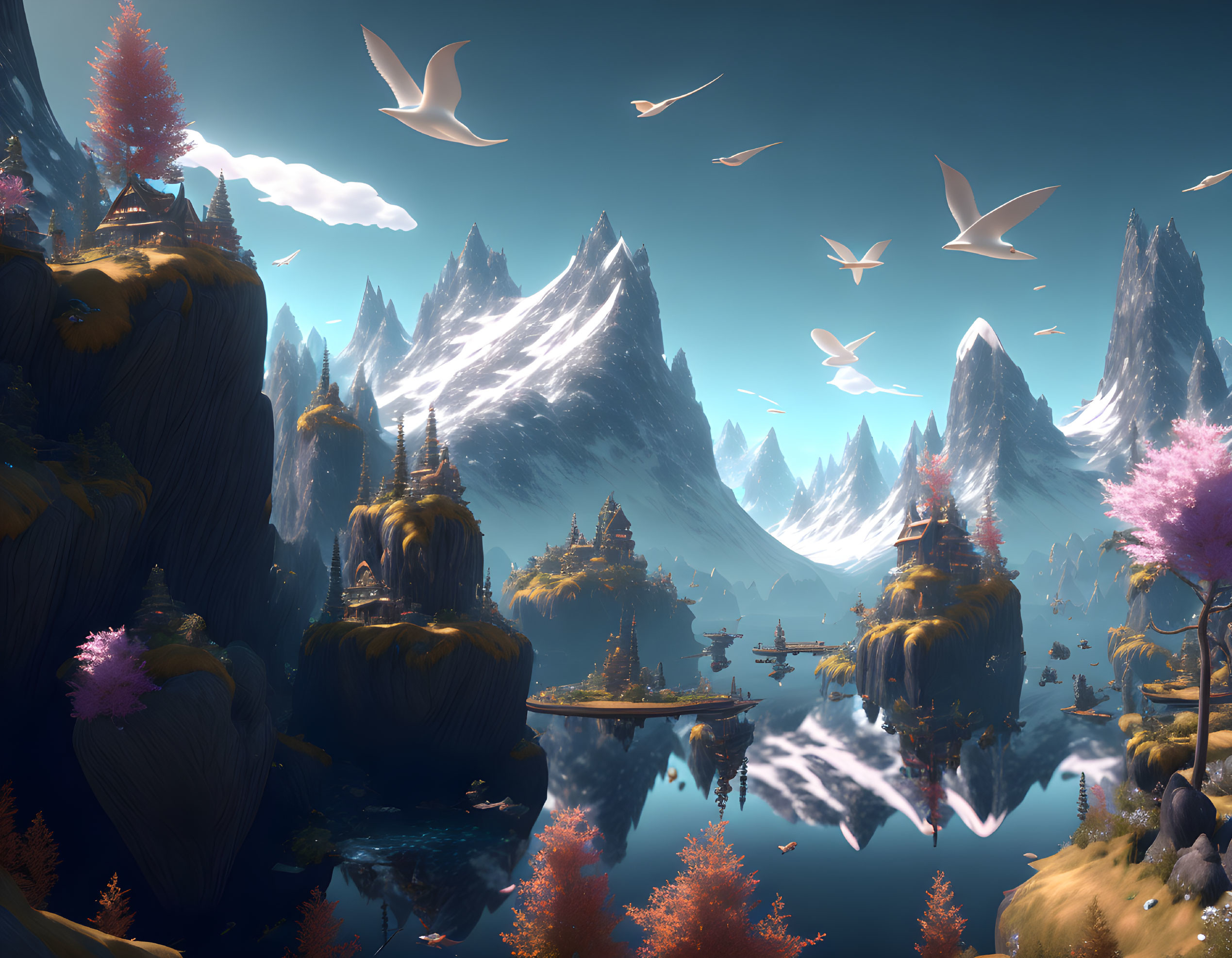 Fantasy landscape with mountains, islands, cherry blossoms, birds, and clear blue sky