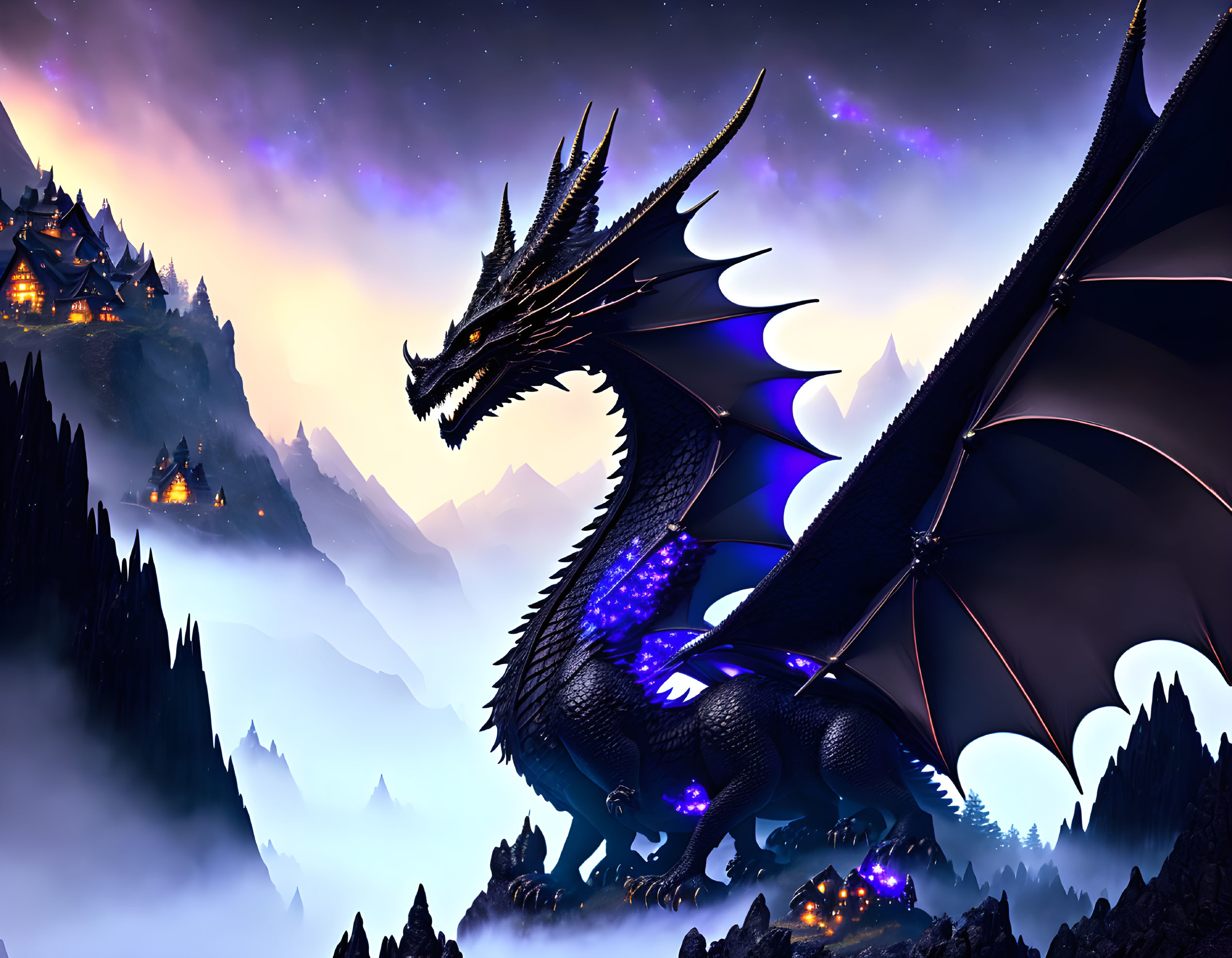 Black dragon with blue accents on mountain with mystical village and twilight sky.