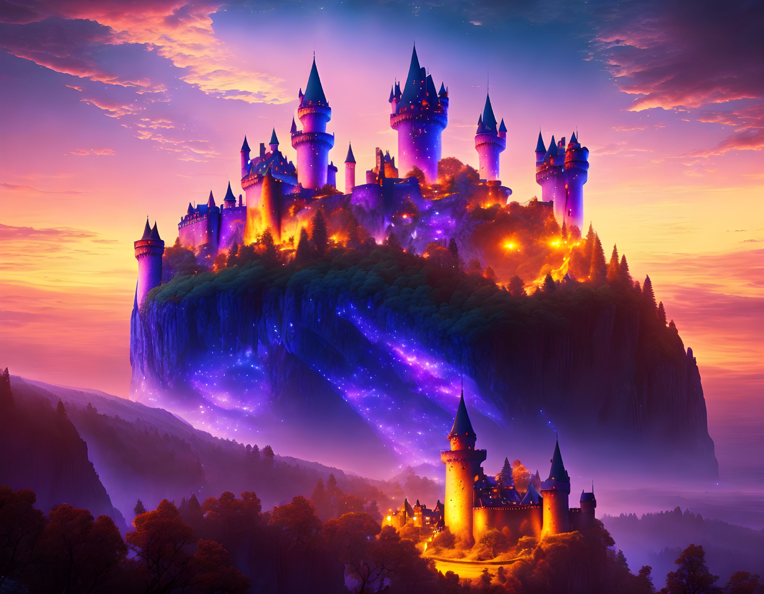 Fantastical castle on floating island at twilight