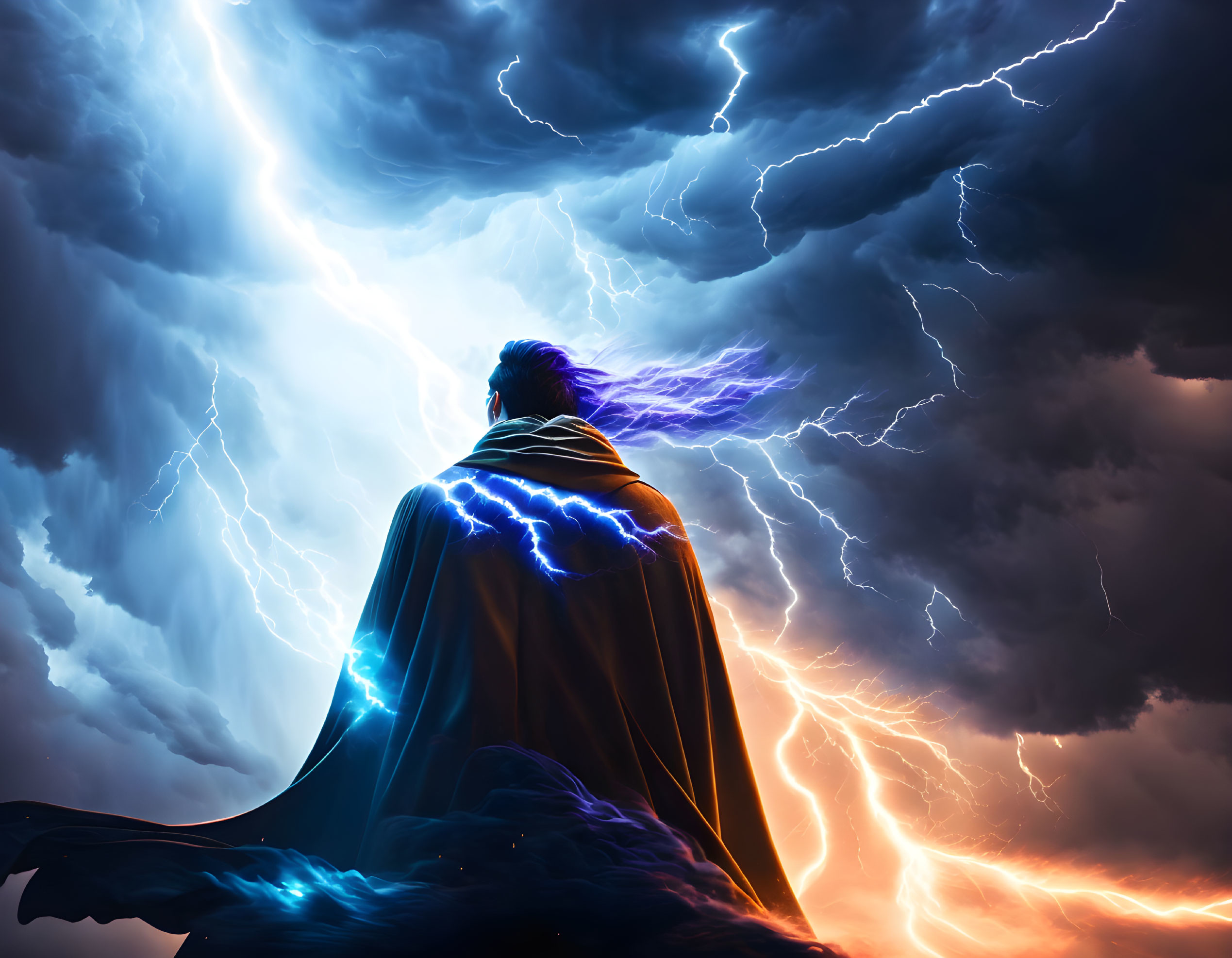 Mysterious cloaked figure in stormy night scene