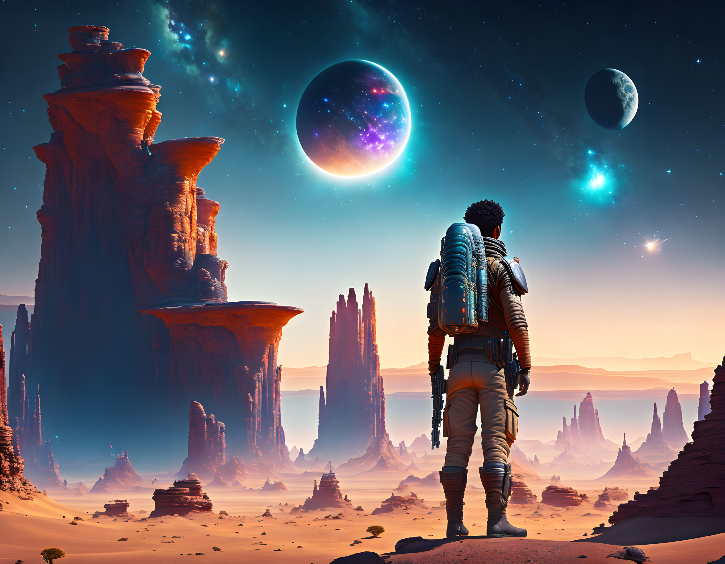 Traveler admires alien landscape with towering rocks, two moons, and nebula