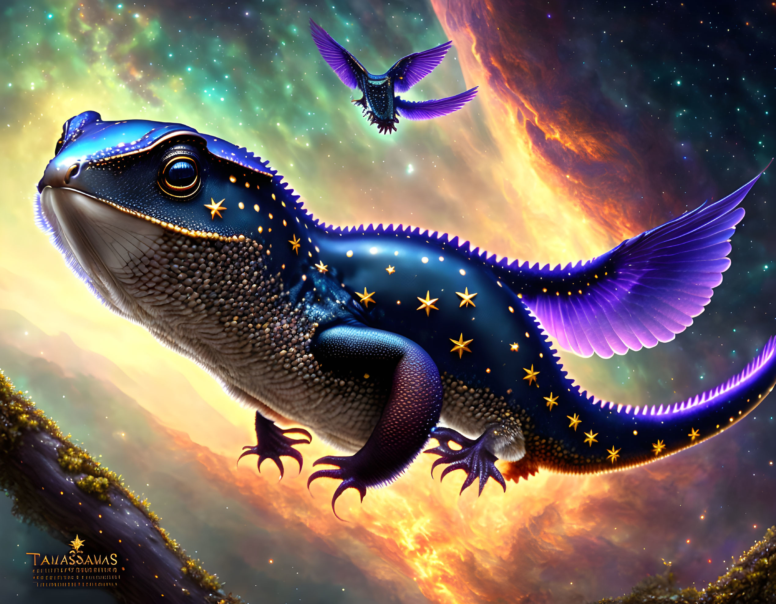 Colorful winged lizard in cosmic scene with star patterns and flying creature