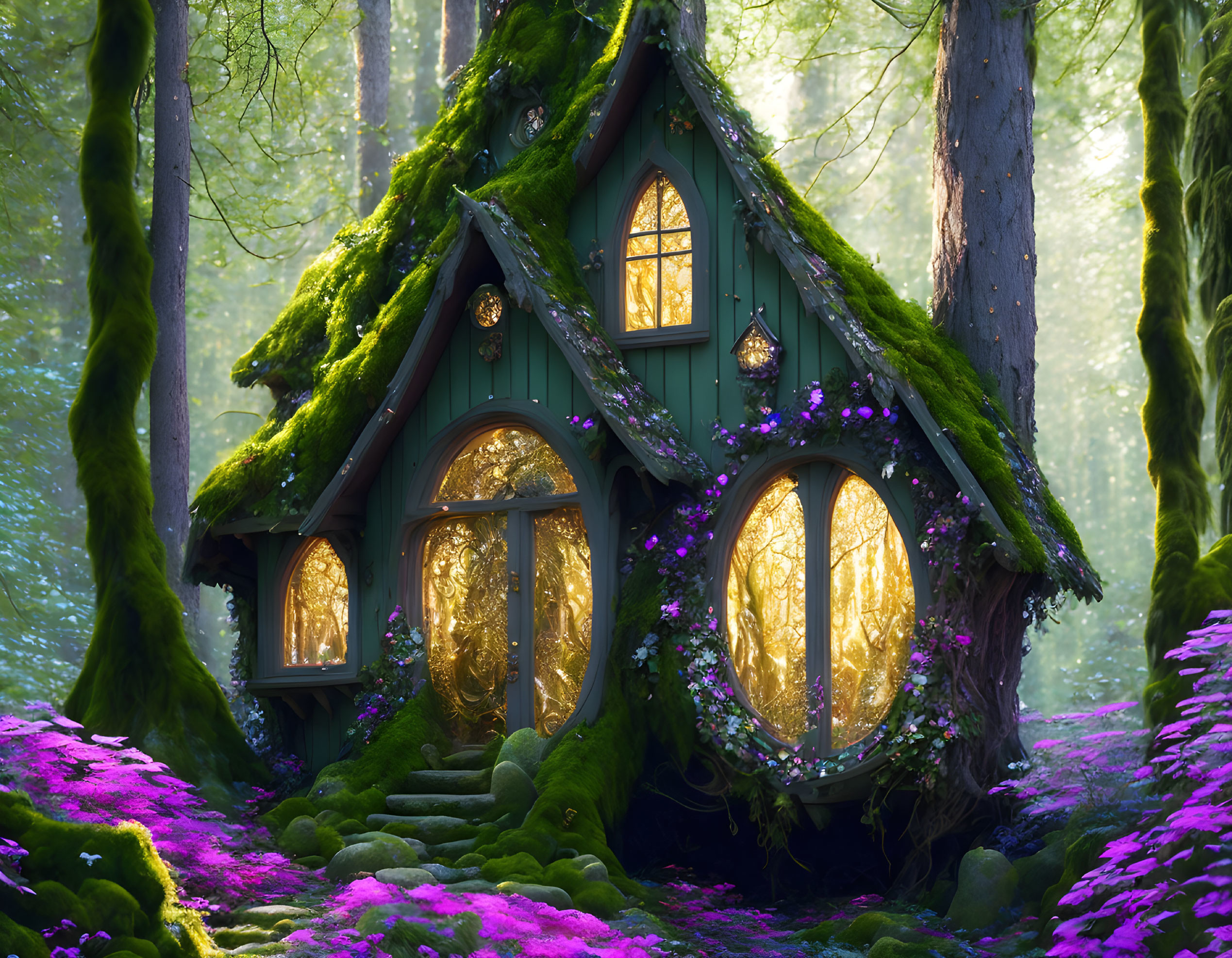 Forest Cottage with Moss-Covered Roof and Glowing Windows in Twilight Forest