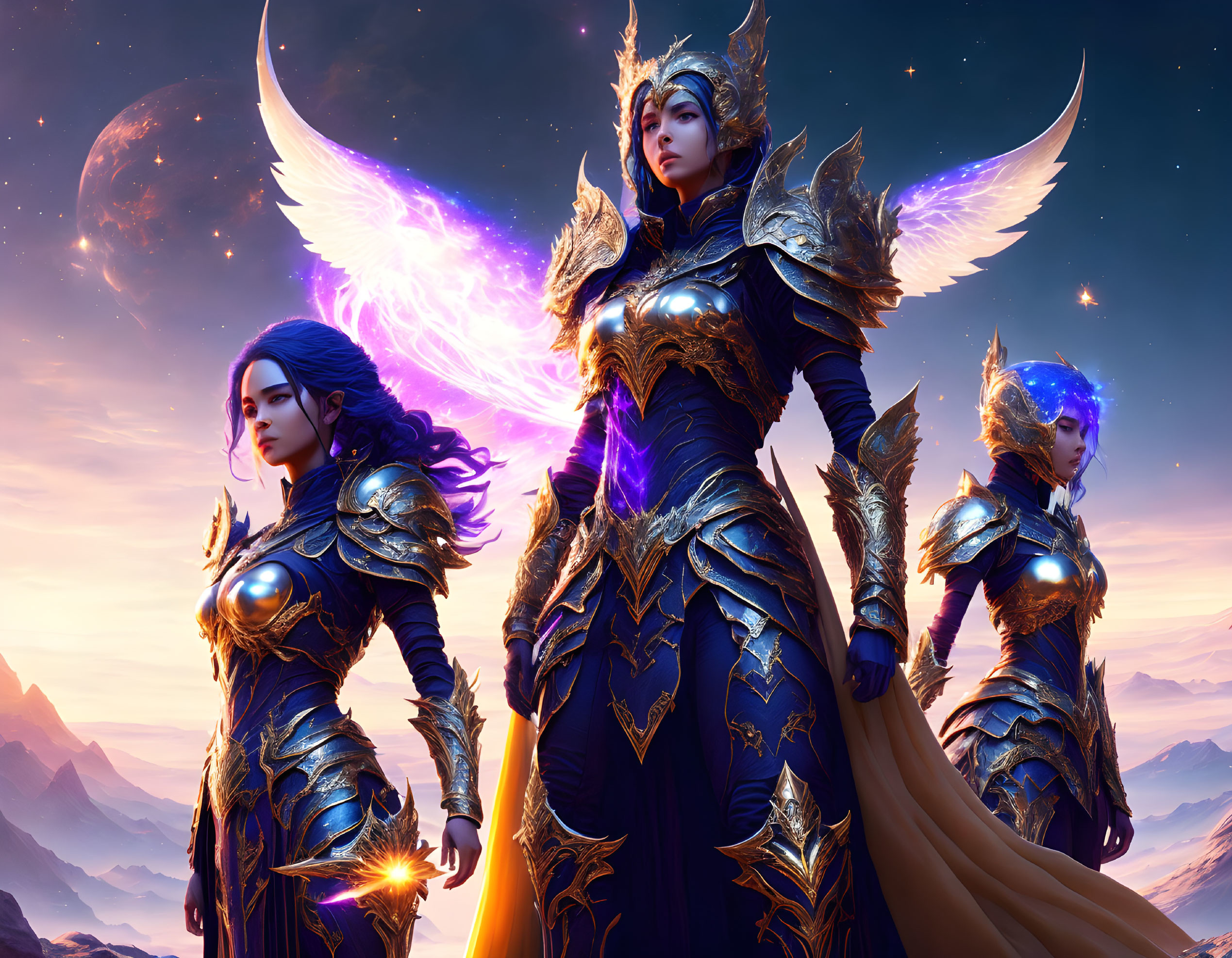 Celestial winged female warriors under twilight sky and crescent moon. |  Deep Dream Generator