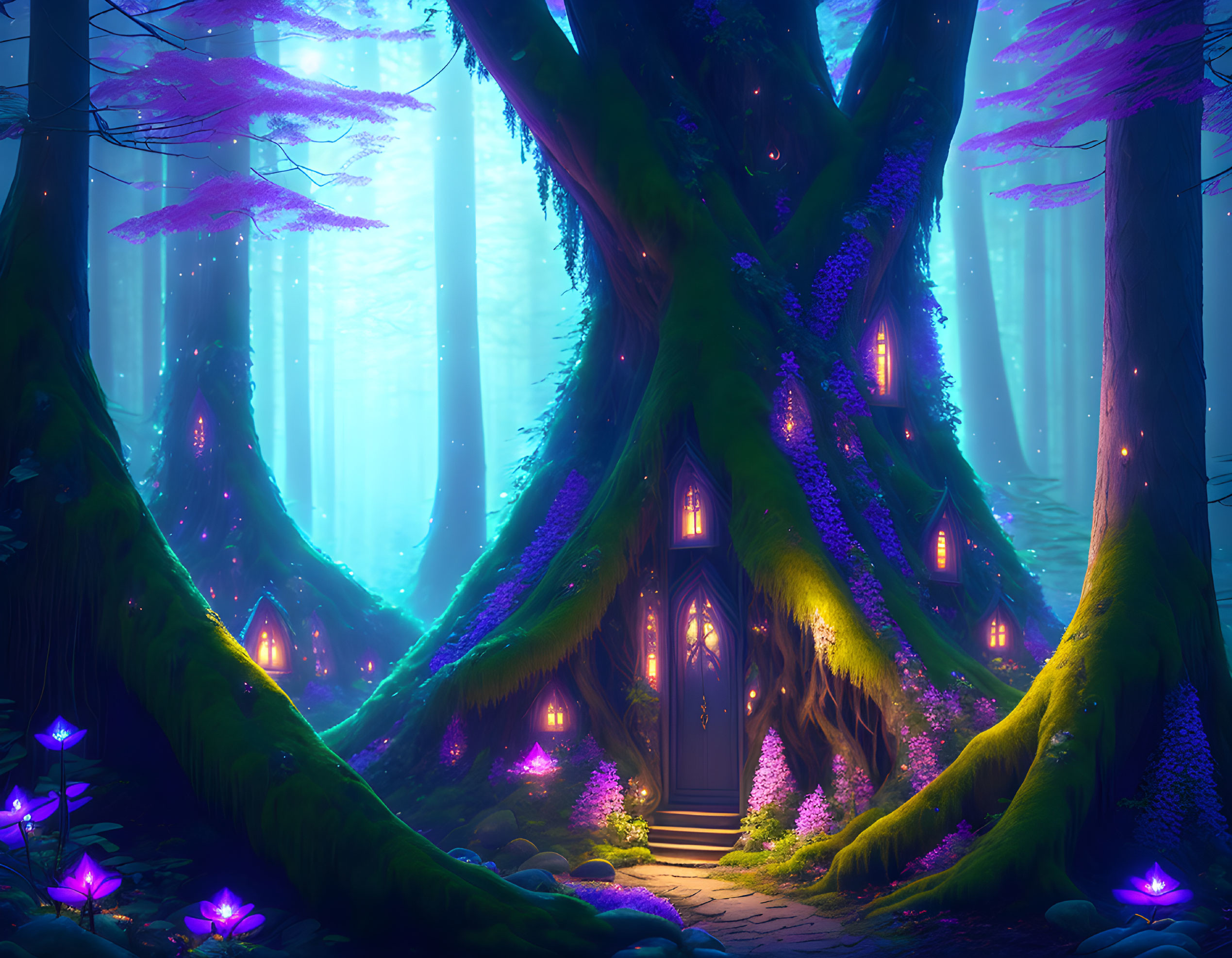 Enchanting forest scene with large tree, tiny door, purple foliage, and blue glow