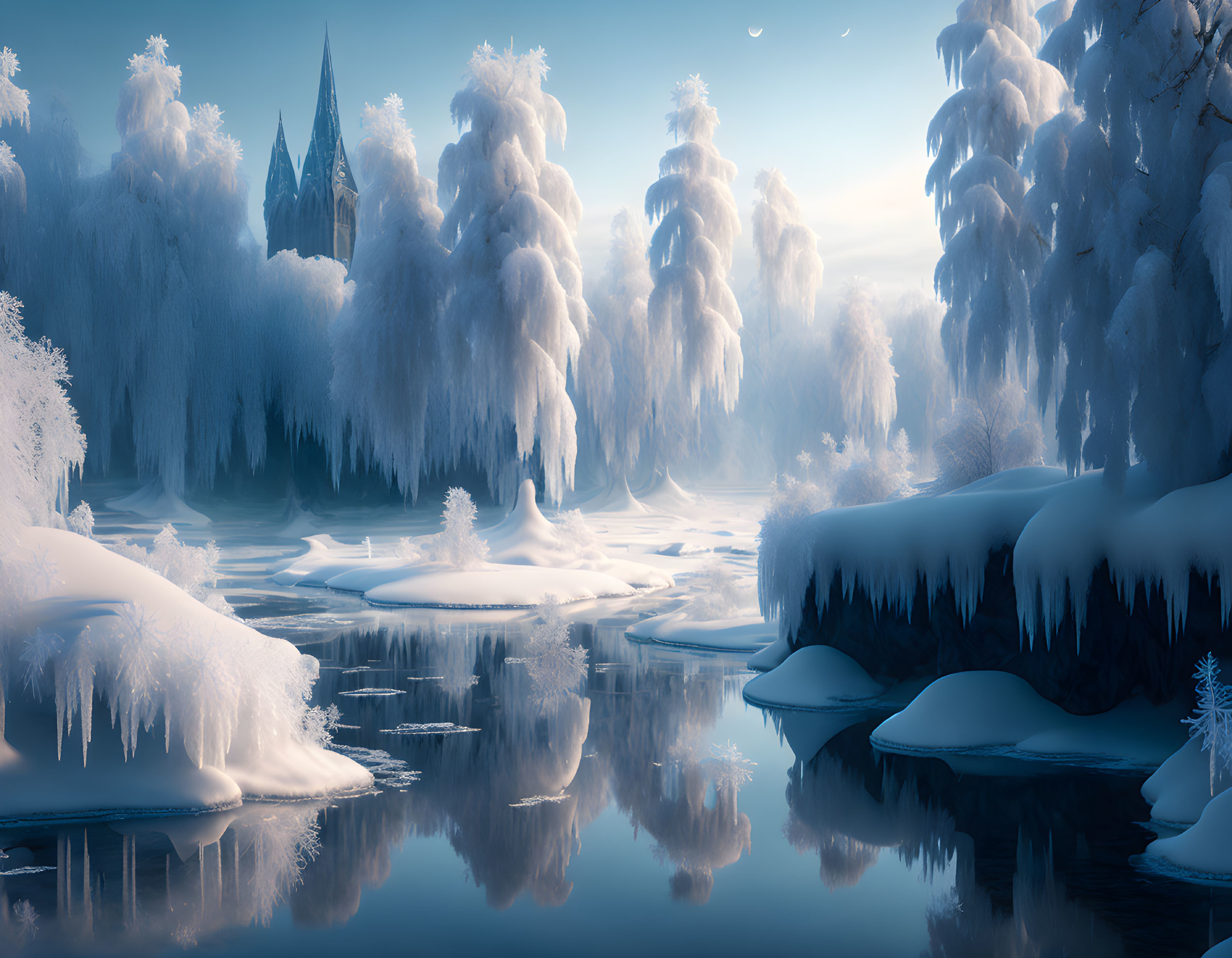 Snowy landscape with frost-laden trees, icy river, and distant castle in serene scene