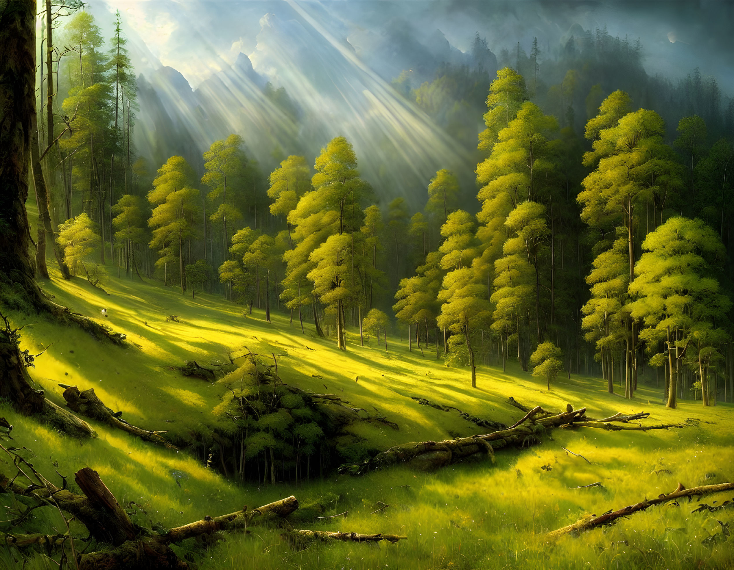 Serene forest landscape with sunbeams and lush trees