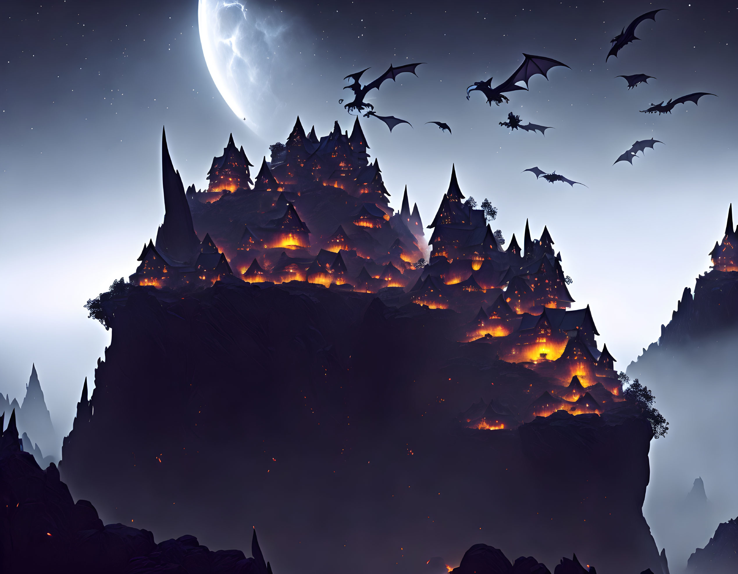 Fantastical night landscape with illuminated mountain and flying dragons