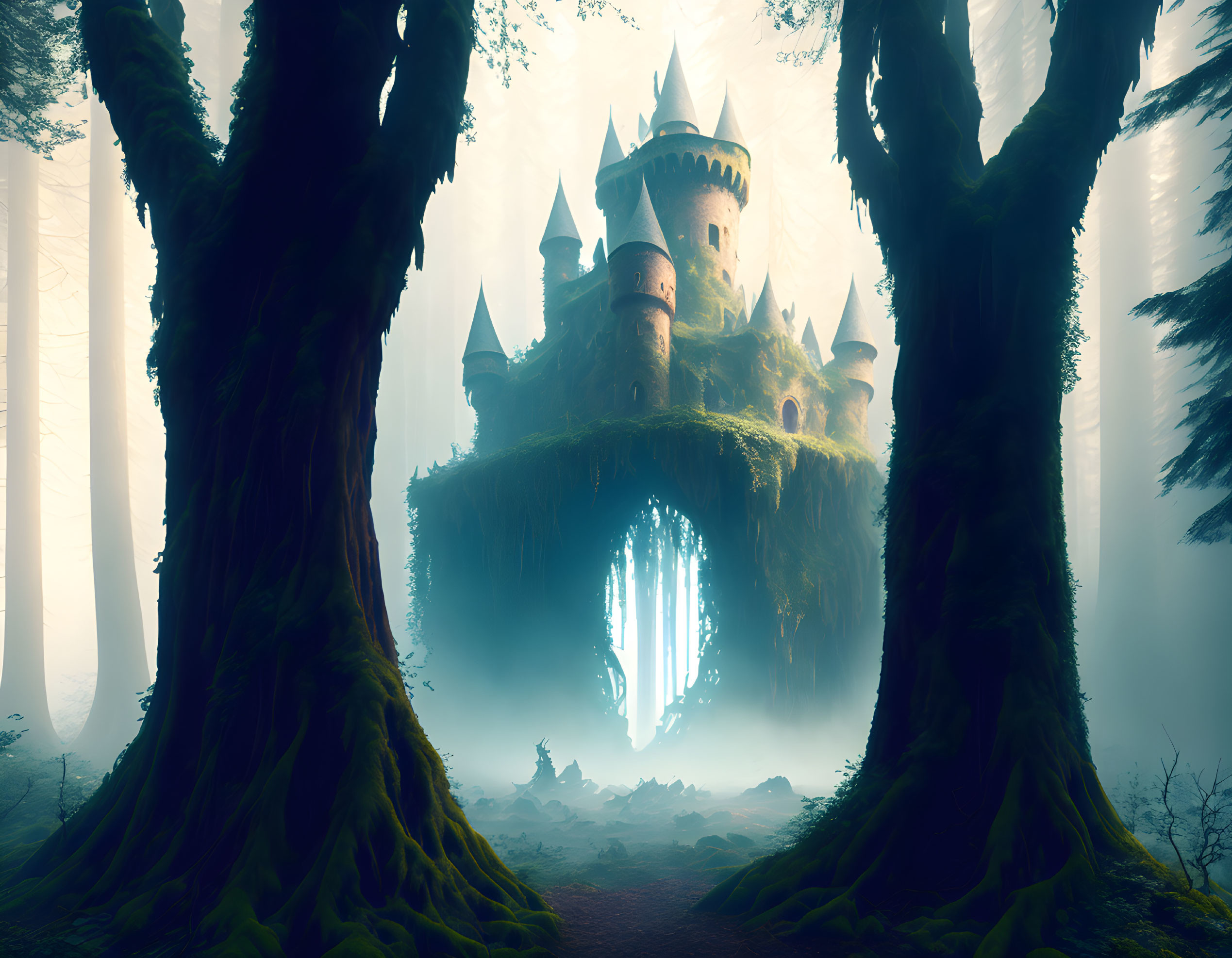 Mystical castle on floating island with lush forest scenery