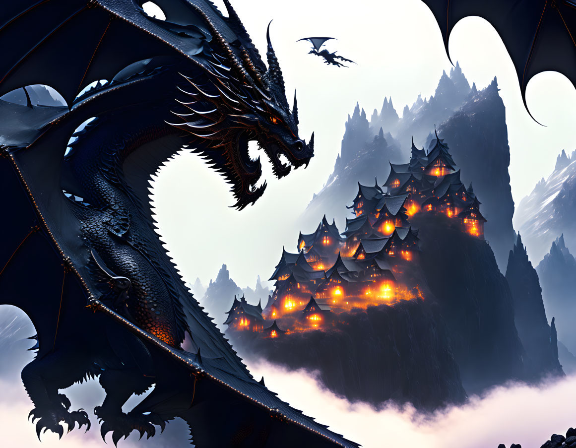 Black dragon soaring over illuminated castle-like structures and mountain in fantasy landscape.