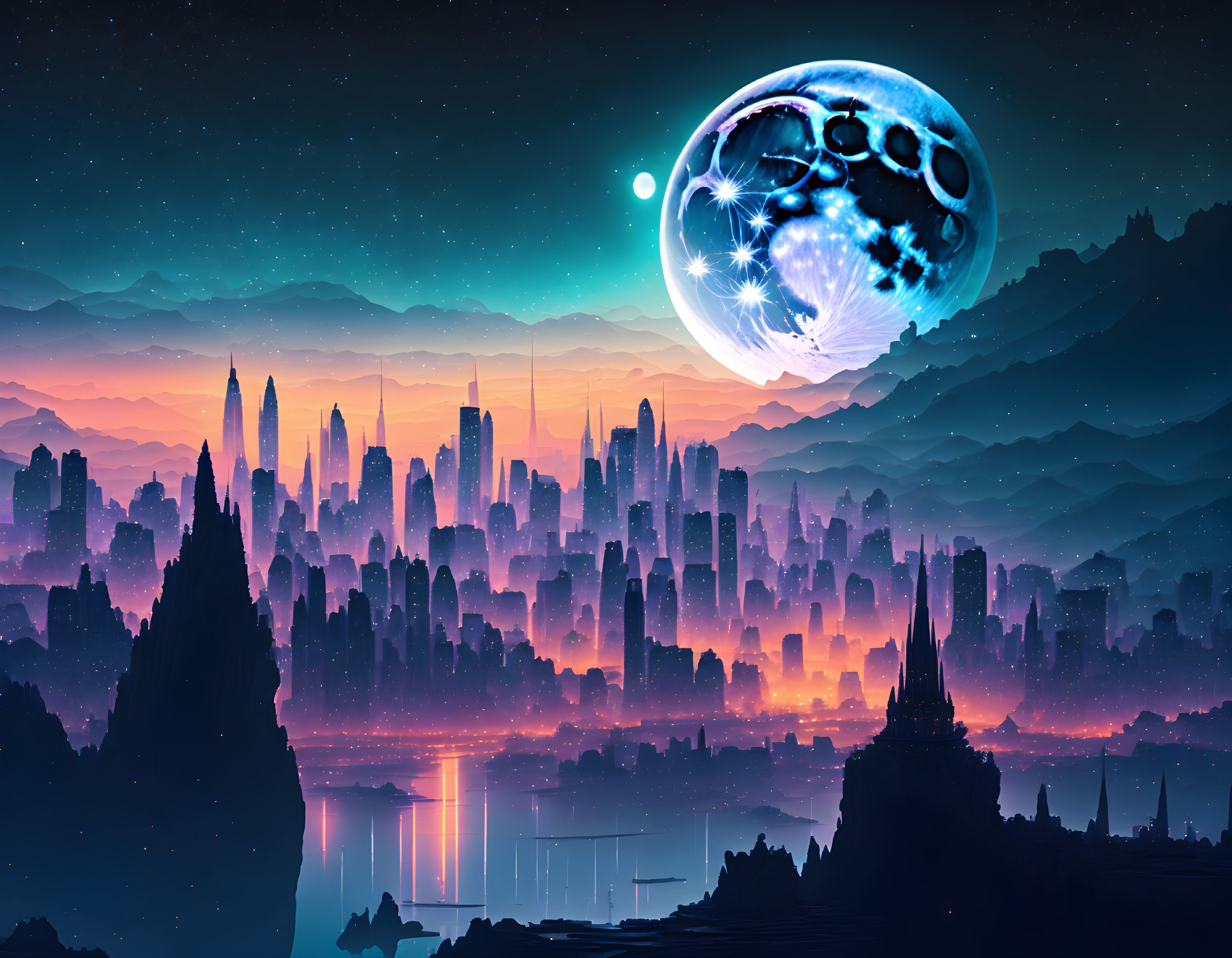 Futuristic cityscape at night with vivid moon and reflective water