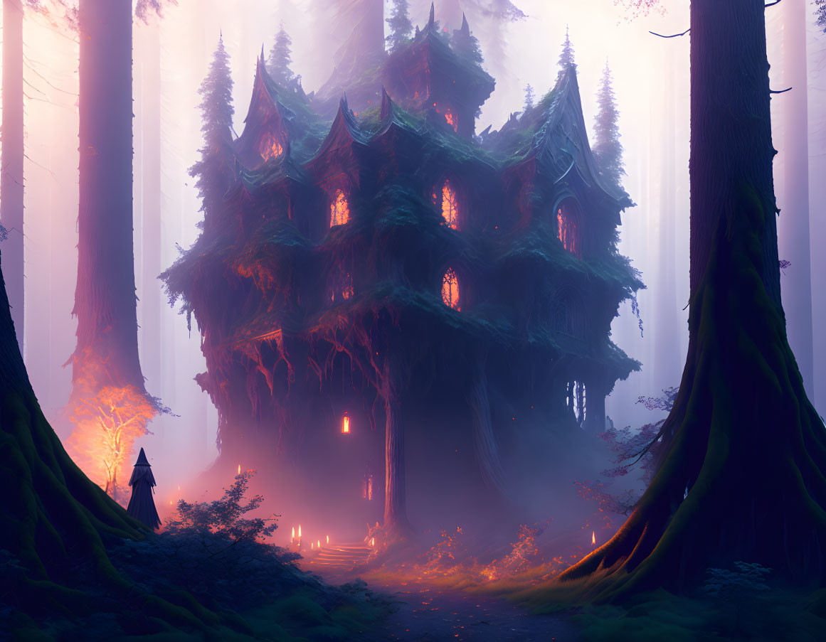 Enchanted forest with mystical treehouse, towering trees, ethereal fog, glowing light