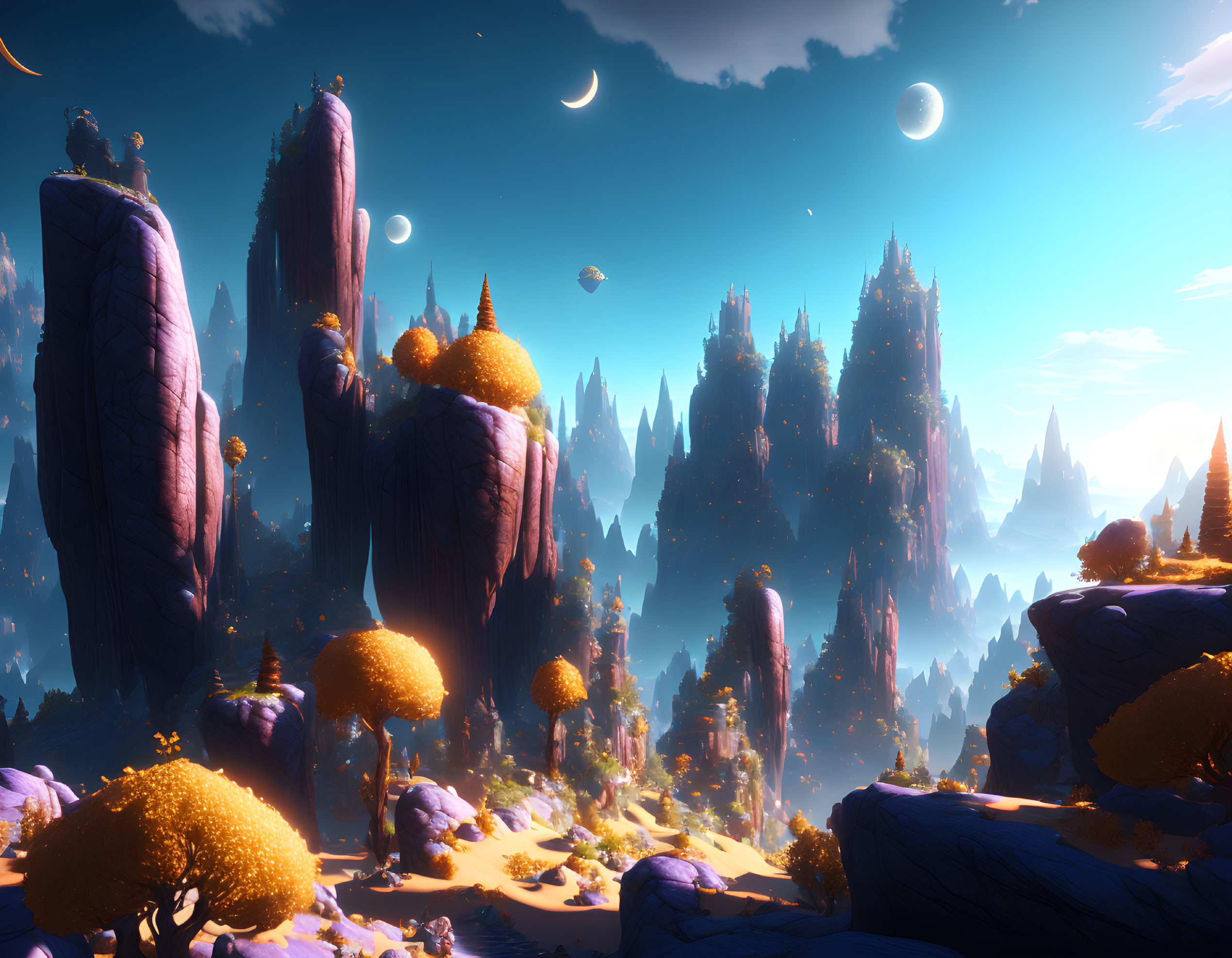 Fantastical landscape with golden trees, rock spires, and multiple moons