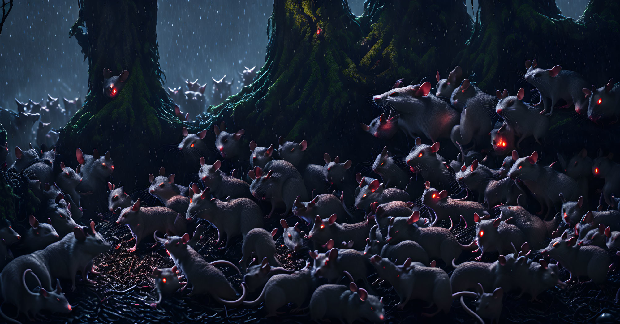 Eerie rats with glowing red eyes in rain-soaked forest