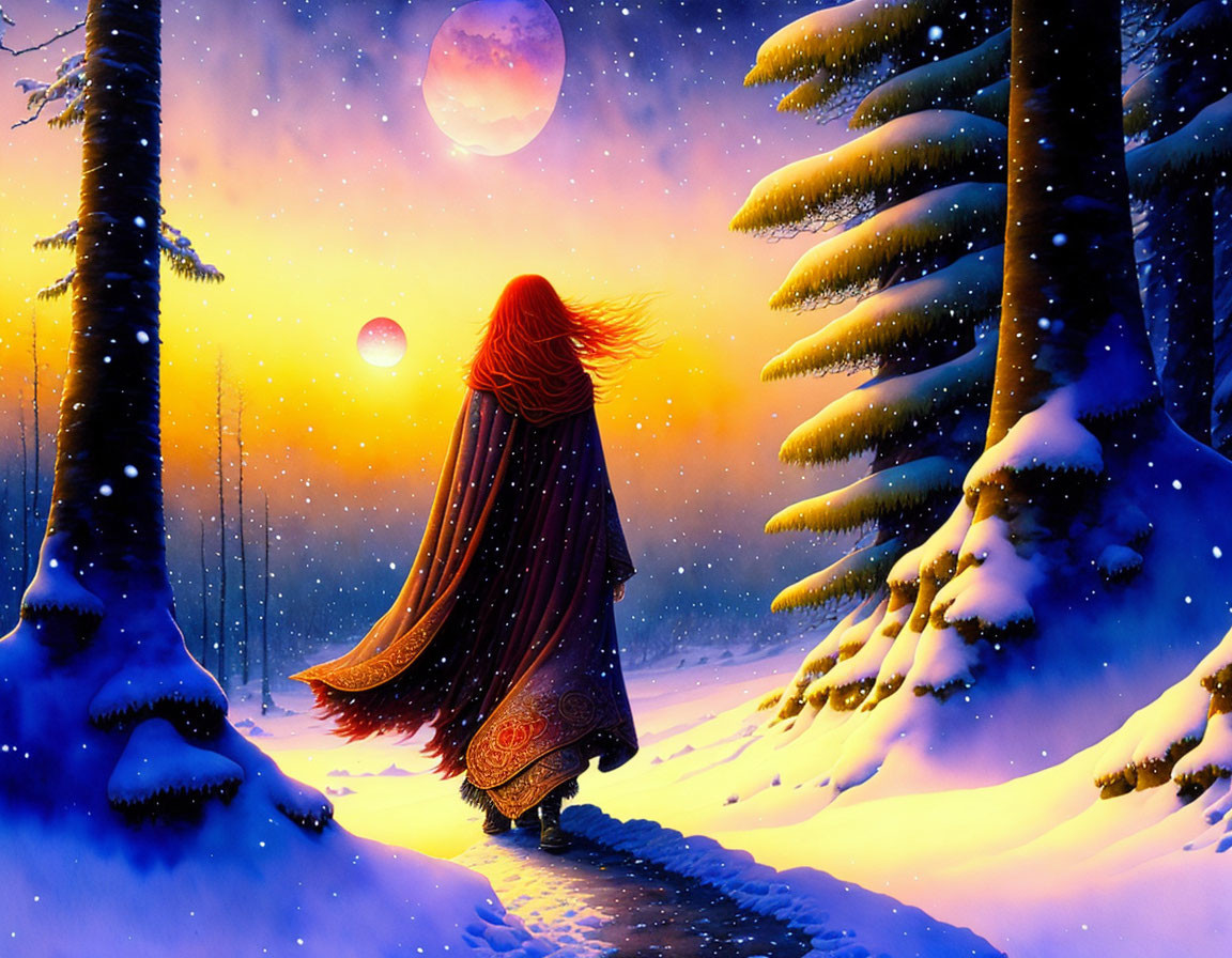 Person in red cloak walks snowy path among snow-covered trees under purple sky