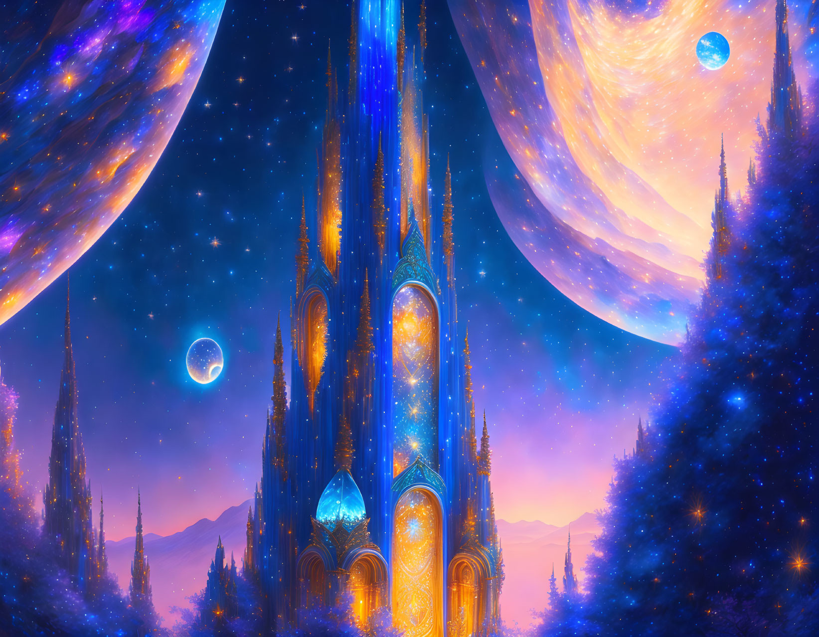 Futuristic glowing cathedral in vibrant fantasy landscape