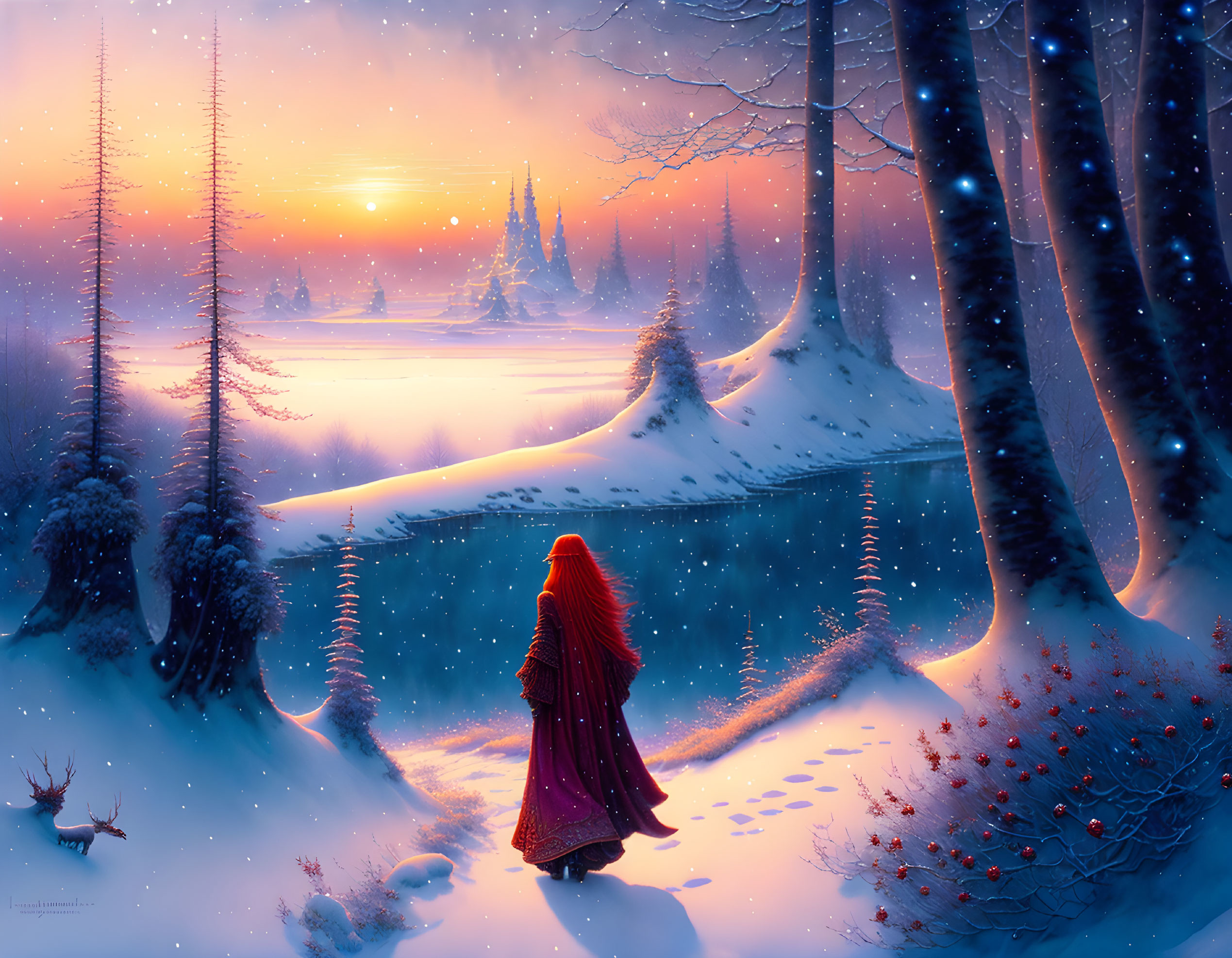 Person in Red Cloak Contemplates Snowy Forest & Frozen Lake at Sunset