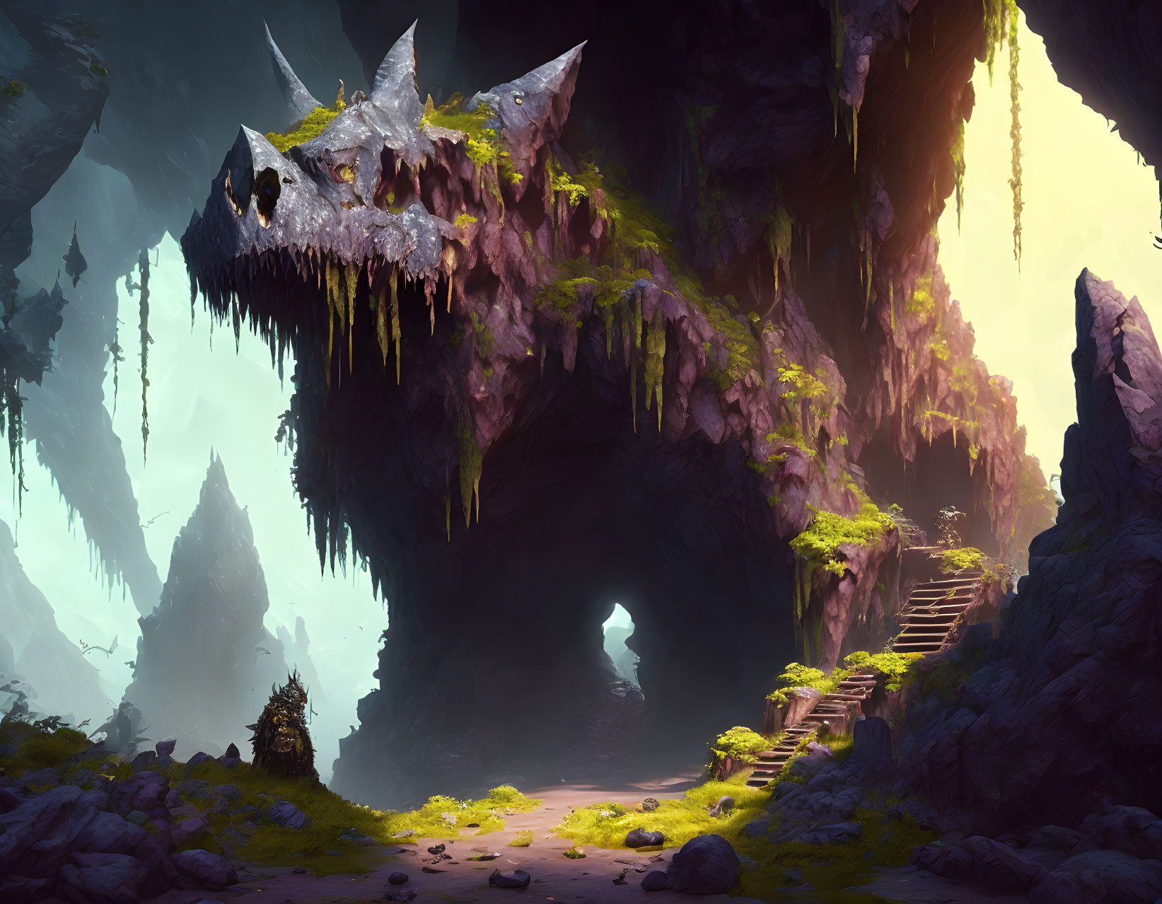 Mystical cavern with dragon-shaped rock, lush greenery, stairs, and ethereal light