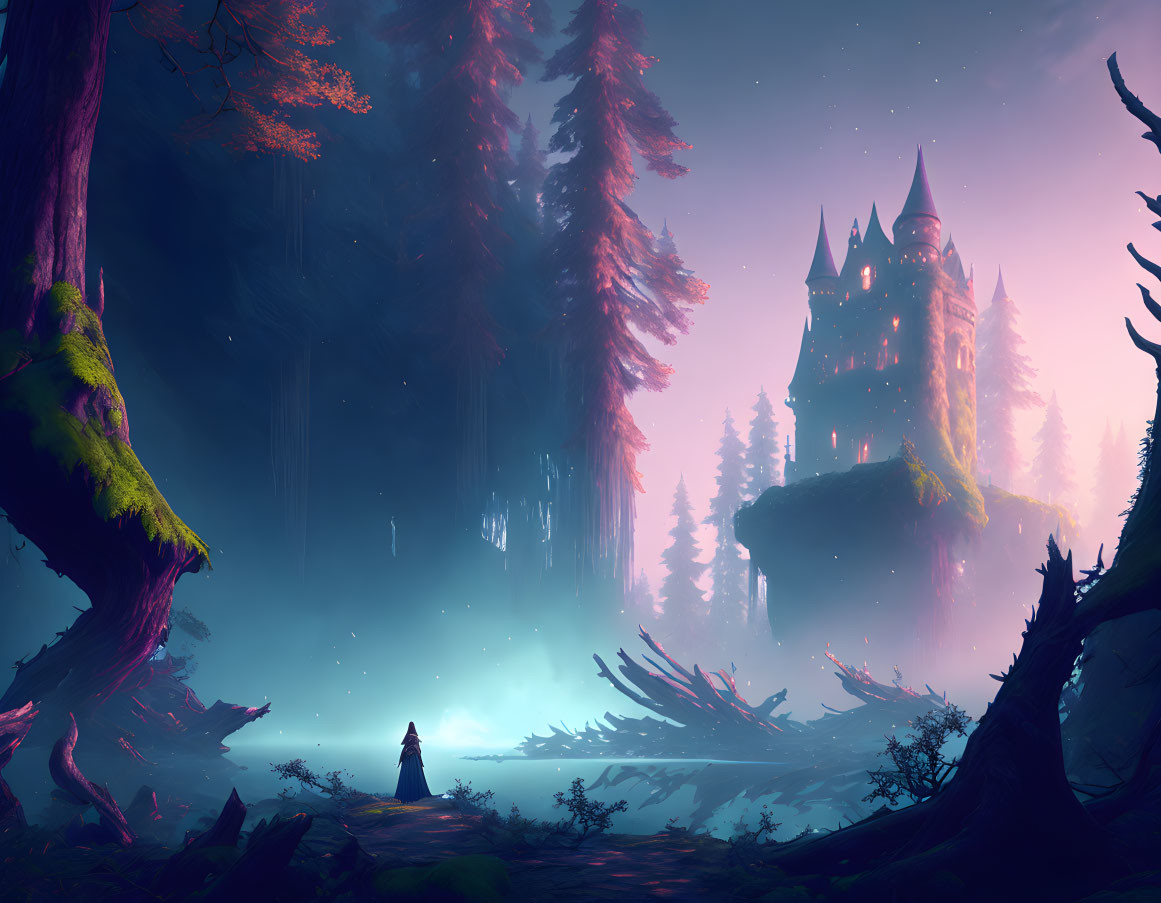 Mystical forest with floating castle and neon lights