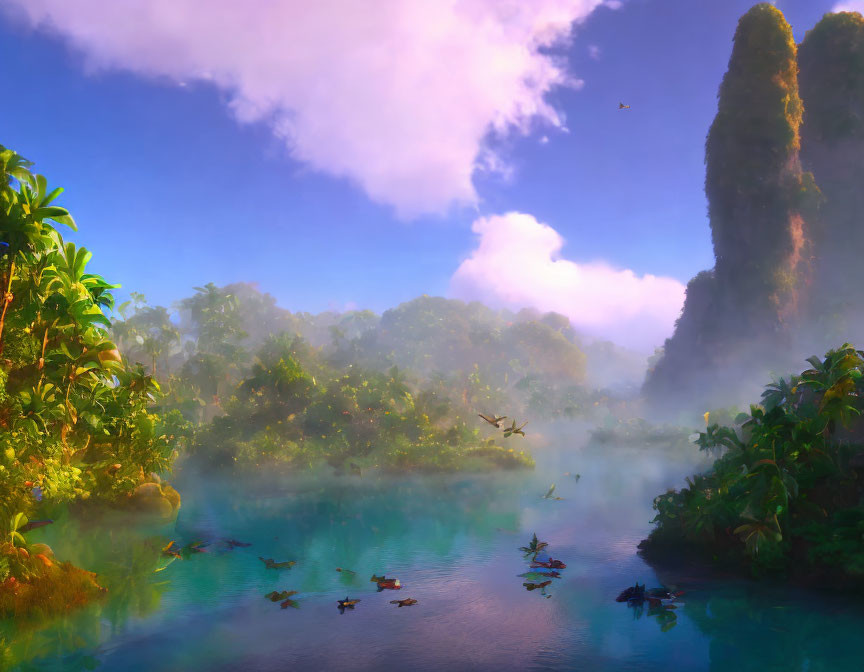 Tranquil landscape: blue river, greenery, rock formations, mist, birds, blue sky