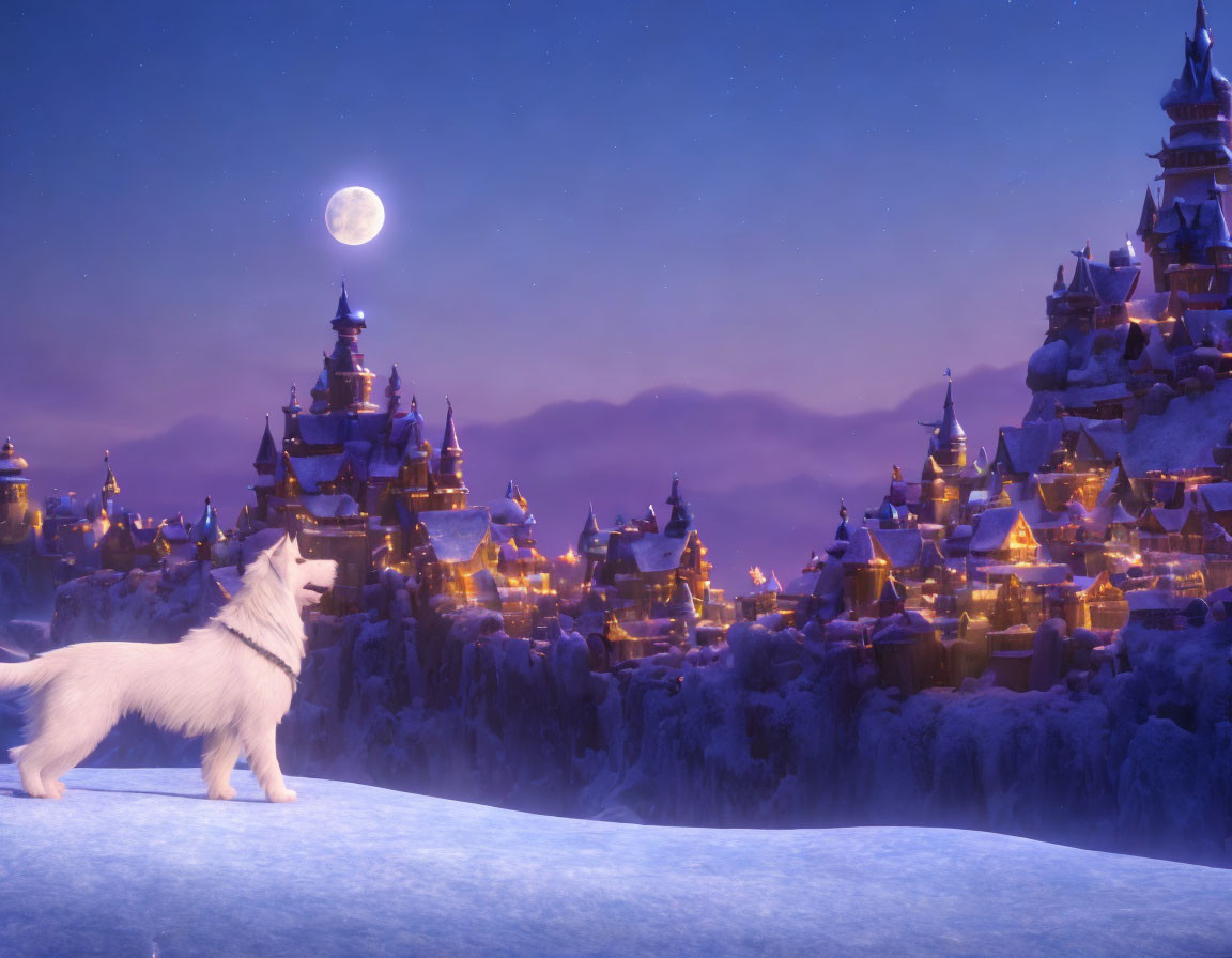 White Dog Overlooking Snowy Hill and Mystical Village on Moonlit Night